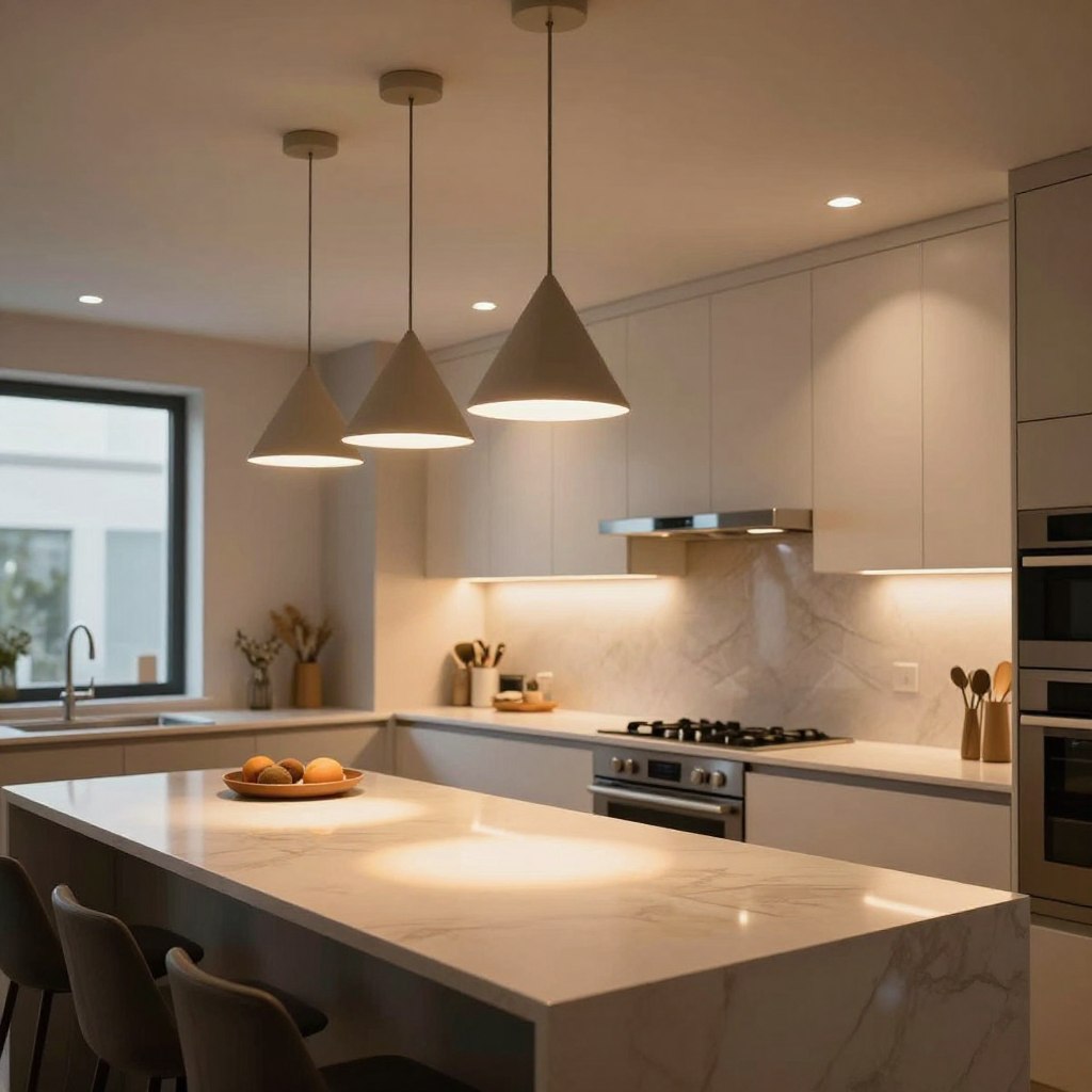 A modern kitchen featuring a sophisticated layered lighting design. In the foreground, sleek pendant lights with geometric shapes hang elegantly above a stylish island, casting warm pools of light on a polished countertop. The middle ground displays recessed ceiling lights in a soft glow, highlighting white cabinetry with subtle textures, and under-cabinet lighting illuminating chic backsplashes. In the background, large windows allow natural light to filter in, creating an inviting atmosphere. The overall mood is contemporary and cozy, ideal for family gatherings or entertaining guests. Use a wide-angle lens to capture the entire space, emphasizing the interplay of shadows and light reflections throughout the kitchen. A modern kitchen featuring a sophisticated layered lighting design. In the foreground, sleek pendant lights with geometric shapes hang elegantly above a stylish island, casting warm pools of light on a polished countertop. The middle ground displays recessed ceiling lights in a soft glow, highlighting white cabinetry with subtle textures, and under-cabinet lighting illuminating chic backsplashes. In the background, large windows allow natural light to filter in, creating an inviting atmosphere. The overall mood is contemporary and cozy, ideal for family gatherings or entertaining guests. Use a wide-angle lens to capture the entire space, emphasizing the interplay of shadows and light reflections throughout the kitchen.