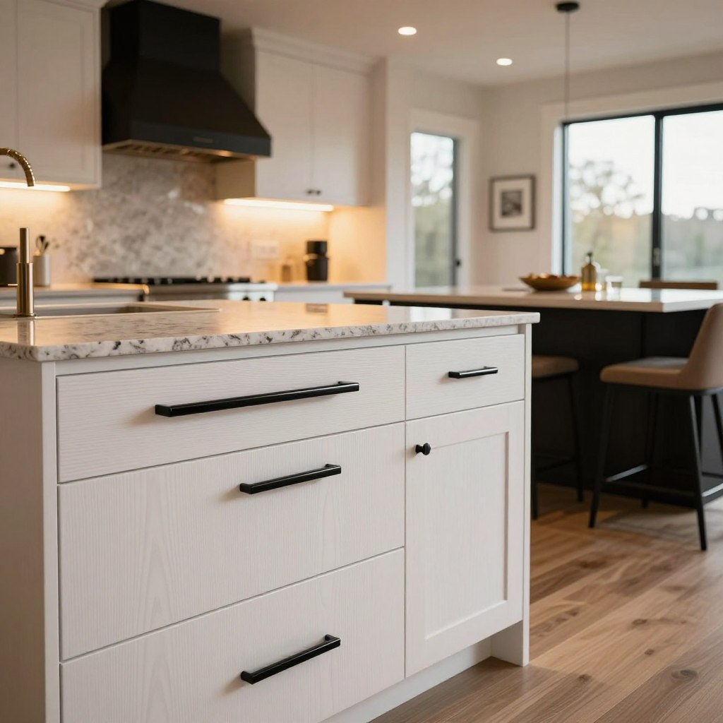 A modern kitchen featuring a striking contrast of white oak cabinetry and black accents. In the foreground, glossy black handles and hardware gleam on white oak drawers, highlighting sleek lines and minimalistic design. The middle of the scene showcases a large kitchen island with a quartz countertop, surrounded by stylish bar stools, blending functionality and elegance. Warm, ambient lighting casts a soft glow, enhancing the rich textures of the wood and the depth of the black elements. In the background, large windows let in natural light, complementing the warm tones of the white oak. The atmosphere is inviting and sophisticated, perfect for a contemporary living space that balances warmth and bold design choices.