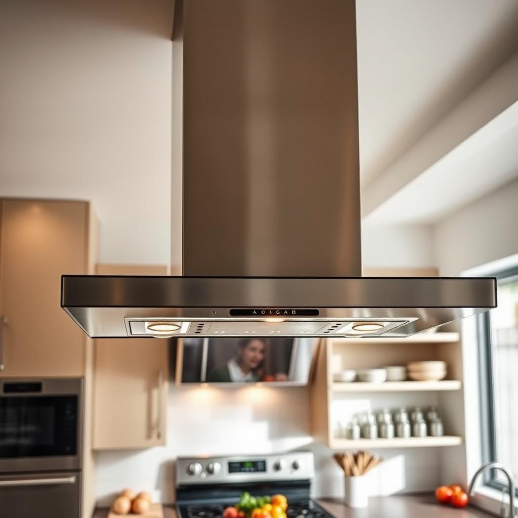 A modern kitchen featuring a stylish and efficient ventilation system, prominently showcased in the foreground. The hood is elegantly designed with stainless steel, reflecting soft overhead LED lights that create a warm ambiance. In the middle, a sleek stove is surrounded by fresh ingredients, demonstrating a functional cooking space. The background reveals cabinets in a neutral color palette, complementing the open shelving displaying neatly arranged kitchenware. The scene is bathed in natural light streaming through a nearby window, emphasizing cleanliness and order. The overall atmosphere is inviting yet professional, ideal for a small kitchen remodeling context. Capture this from a slightly elevated angle to highlight the ventilation system's design and functionality without including any people or distractions.