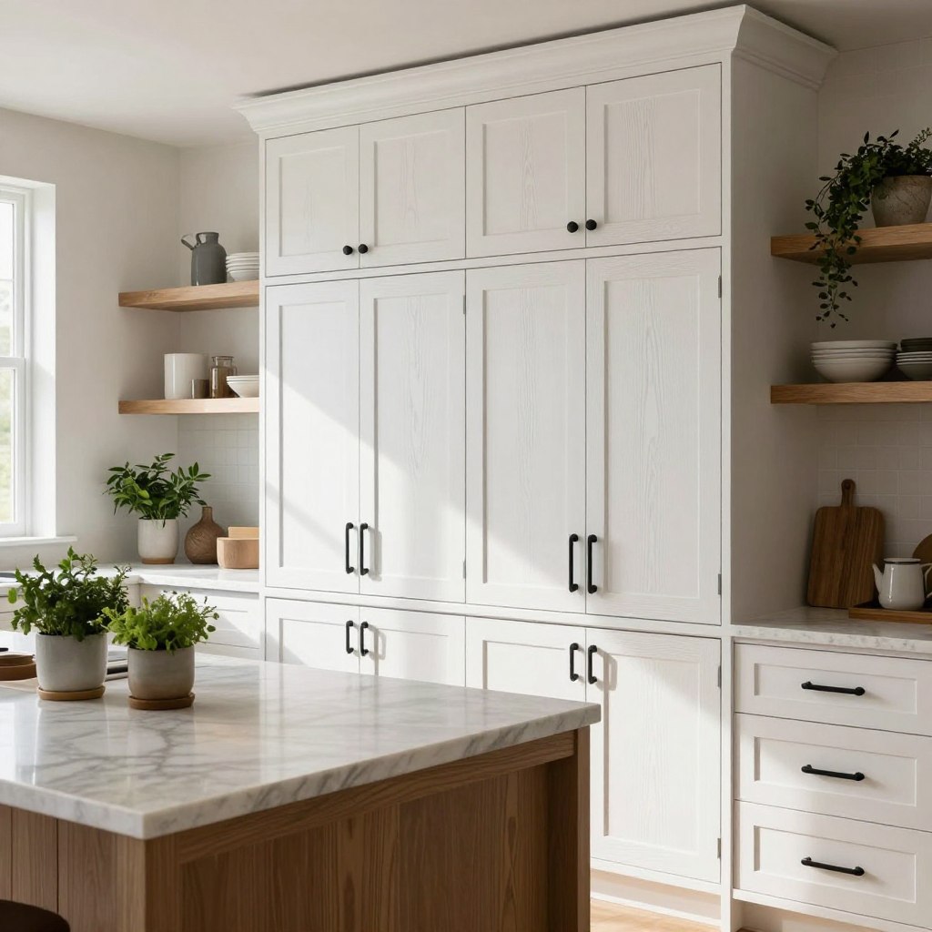 A modern kitchen featuring elegant white oak cabinetry with a sleek finish and contrasting matte black hardware. In the foreground, showcase a well-organized kitchen island with a light marble countertop, adorned with fresh herbs in minimalist pots. The middle layer displays the tall white oak cabinets, highlighting their clean lines and intricate grain patterns, seamlessly integrated with the black handles and knobs. The background features open shelving with decorative dishware and plants, illuminated by soft, natural light streaming through a large window. The atmosphere is warm and inviting, evoking a sense of organic sophistication, perfect for contemporary design lovers. Capture the scene with a slight overhead angle to emphasize depth and spatial arrangement while ensuring clarity and detail.