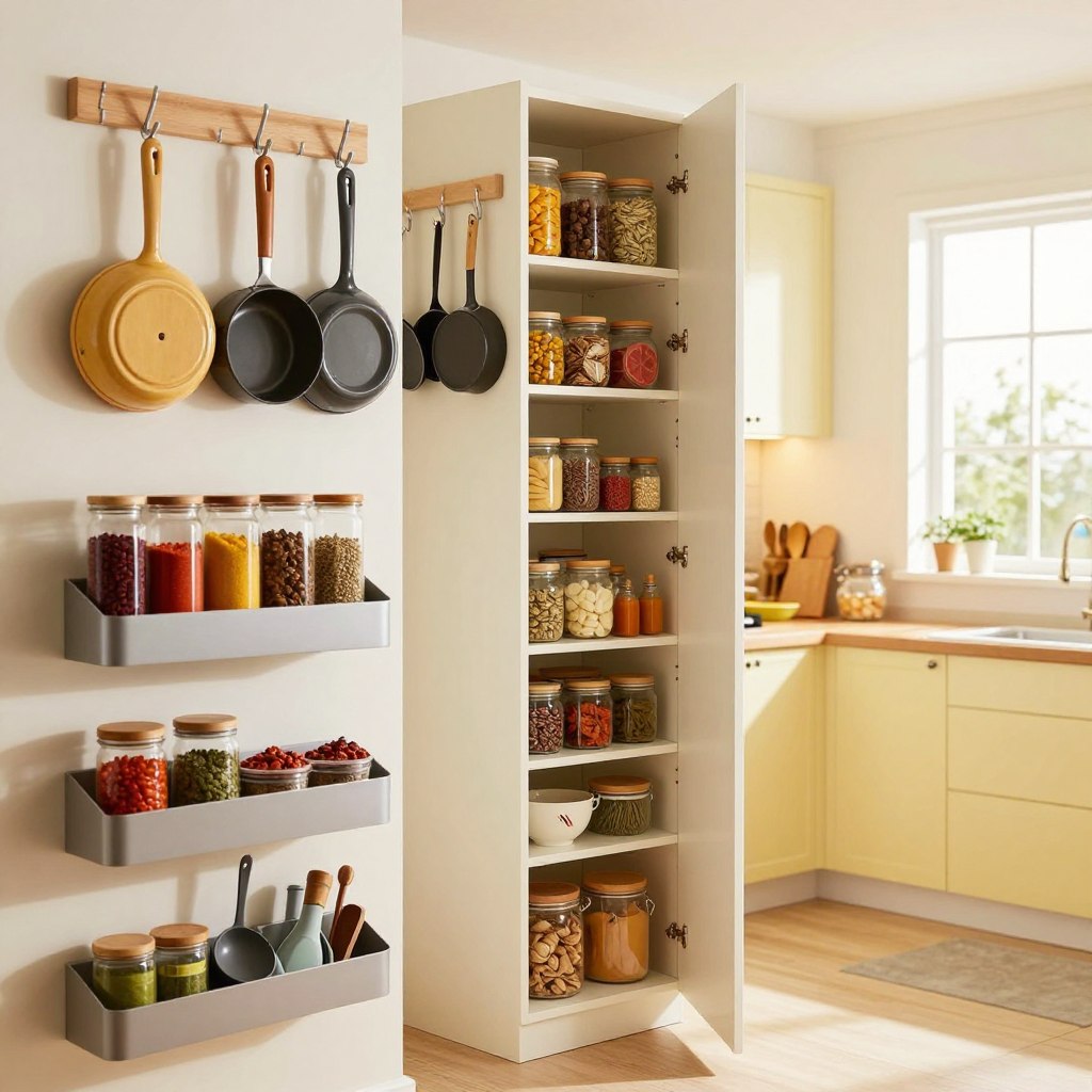 A modern kitchen featuring innovative vertical storage solutions is the focal point. In the foreground, sleek, wall-mounted shelving displays colorful spices and neatly arranged kitchen tools. The middle showcases a stylish, tall pantry unit filled with jars and containers, maximizing every inch of space. Above, decorative hooks hold pots and pans, adding functionality and charm. The background reveals a well-lit kitchen space with soft, warm lighting highlighting the vibrant colors of the kitchen. A large window allows natural light to stream in, creating an inviting atmosphere. The scene is captured with a slight overhead angle, emphasizing the height and openness of the kitchen while conveying a cozy, organized feel. The overall mood is cheerful and efficient, ideal for a small kitchen remodel.
