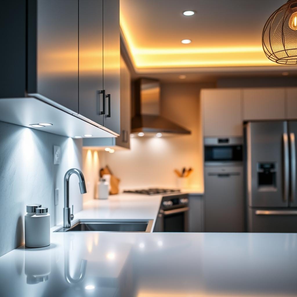 A modern kitchen featuring sleek cabinetry and integrated under cabinet LED lighting installations. In the foreground, focus on the illuminated undersides of elegant, minimalist cabinets, showing soft, warm light casting gentle shadows on a polished countertop. The middle ground includes stylish kitchen appliances and a subtle backsplash, reflecting contemporary design trends. In the background, a softly lit kitchen space with neutral tones delivers a cozy yet sophisticated ambiance, emphasizing the seamless integration of lighting. Highlight the energy-efficient LEDs; some should emit a cool white glow while others provide a soft amber hue. Capture this scene from a slightly elevated angle, evoking a sense of modern comfort and inviting space. The overall mood is bright and airy, suggesting a fresh, efficient cooking environment.
