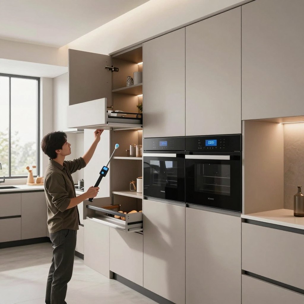 A modern kitchen featuring sleek, high-tech cabinetry with smart features such as touch-activated panels and integrated lighting. In the foreground, a person dressed in smart casual attire, carefully examining the cabinets and performing maintenance with a specialized cleaning tool. In the middle, the cabinets should display an array of innovative storage solutions, including pull-out shelves and built-in appliances seamlessly integrated into the cabinetry. The background reveals a contemporary kitchen with neutral colors, large windows allowing natural light to flood in, and subtle reflections on the cabinet surfaces. The mood is one of professionalism and careful attention to detail, emphasizing the importance of maintaining smart technology for longevity. The lighting is bright and inviting, enhancing the modern aesthetic, captured with a slightly elevated angle to showcase the cabinetry’s features. A modern kitchen featuring sleek, high-tech cabinetry with smart features such as touch-activated panels and integrated lighting. In the foreground, a person dressed in smart casual attire, carefully examining the cabinets and performing maintenance with a specialized cleaning tool. In the middle, the cabinets should display an array of innovative storage solutions, including pull-out shelves and built-in appliances seamlessly integrated into the cabinetry. The background reveals a contemporary kitchen with neutral colors, large windows allowing natural light to flood in, and subtle reflections on the cabinet surfaces. The mood is one of professionalism and careful attention to detail, emphasizing the importance of maintaining smart technology for longevity. The lighting is bright and inviting, enhancing the modern aesthetic, captured with a slightly elevated angle to showcase the cabinetry’s features.