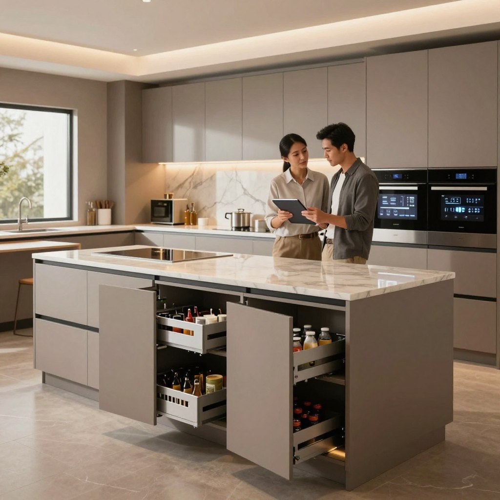 A modern kitchen featuring sleek, smart kitchen cabinets, designed with integrated technology such as touch-screen panels and automated features. In the foreground, highlight an elegant, open cabinet showcasing organized storage solutions, such as pull-out spice racks and hidden compartments for appliances. In the middle, display a sophisticated kitchen workspace with a marble countertop, where a professional in smart casual attire examines a tablet, evaluating cabinet features. The background features a spacious kitchen layout with ambient lighting reflecting off high-end finishes, including stainless steel appliances and a stylish backsplash. Use warm, inviting colors to convey a sense of luxury and practicality, emphasizing the investment value of innovative cabinetry. Capture the scene from a slightly elevated angle to showcase depth and modern design aesthetics. A modern kitchen featuring sleek, smart kitchen cabinets, designed with integrated technology such as touch-screen panels and automated features. In the foreground, highlight an elegant, open cabinet showcasing organized storage solutions, such as pull-out spice racks and hidden compartments for appliances. In the middle, display a sophisticated kitchen workspace with a marble countertop, where a professional in smart casual attire examines a tablet, evaluating cabinet features. The background features a spacious kitchen layout with ambient lighting reflecting off high-end finishes, including stainless steel appliances and a stylish backsplash. Use warm, inviting colors to convey a sense of luxury and practicality, emphasizing the investment value of innovative cabinetry. Capture the scene from a slightly elevated angle to showcase depth and modern design aesthetics.
