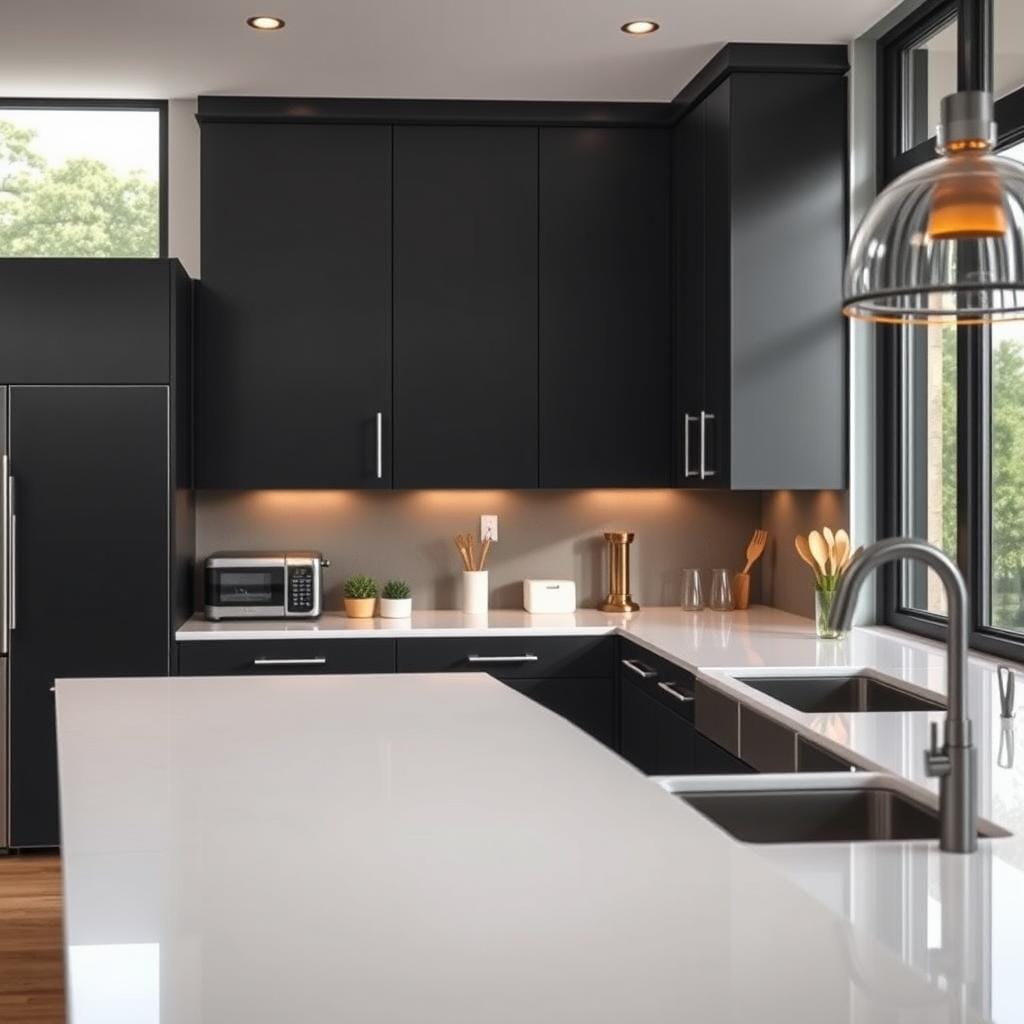 A modern kitchen featuring stunning matte black cabinets, exuding a bold yet timeless charm. In the foreground, a sleek kitchen island with a white quartz countertop contrasts beautifully with the matte black cabinetry. The middle ground showcases an arrangement of minimalist kitchen appliances and tasteful decor, such as potted herbs and stylish utensil holders. In the background, large windows allow natural light to flood the space, accentuating the elegance of the black cabinets and reflecting off the polished surfaces. The lighting is warm and inviting, creating a cozy atmosphere. This image captures a contemporary aesthetic with clean lines and a hint of sophistication, inviting viewers to imagine cooking in this stylish environment. The perspective is wide-angle, emphasizing the spaciousness and functionality of the kitchen.