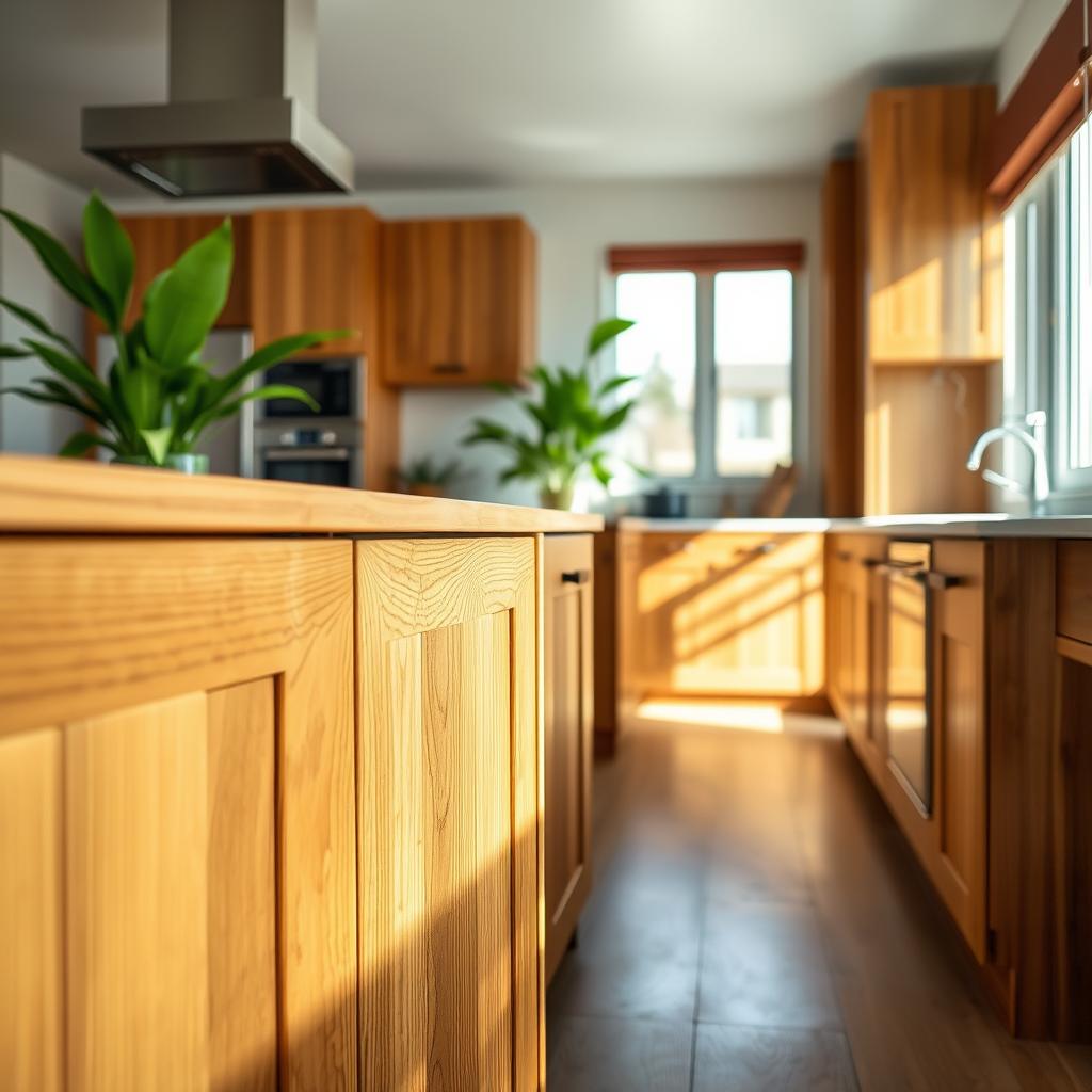 A modern kitchen featuring sustainable cabinets made of bamboo and reclaimed wood, showcasing a harmonious blend of nature and design. In the foreground, close-up details of the cabinets reveal intricate grain patterns and eco-friendly finishes. The middle ground presents a stylish kitchen layout, complete with stainless steel appliances and natural lighting streaming through large windows, illuminating the warm tones of the wood. The background showcases a green indoor plant, emphasizing the theme of eco-conscious living. The scene is bright and inviting, with soft shadows that add depth, shot from a slightly elevated angle to capture the full beauty of the cabinetry. The overall mood is tranquil and inspiring, perfect for a sustainable lifestyle. A modern kitchen featuring sustainable cabinets made of bamboo and reclaimed wood, showcasing a harmonious blend of nature and design. In the foreground, close-up details of the cabinets reveal intricate grain patterns and eco-friendly finishes. The middle ground presents a stylish kitchen layout, complete with stainless steel appliances and natural lighting streaming through large windows, illuminating the warm tones of the wood. The background showcases a green indoor plant, emphasizing the theme of eco-conscious living. The scene is bright and inviting, with soft shadows that add depth, shot from a slightly elevated angle to capture the full beauty of the cabinetry. The overall mood is tranquil and inspiring, perfect for a sustainable lifestyle.