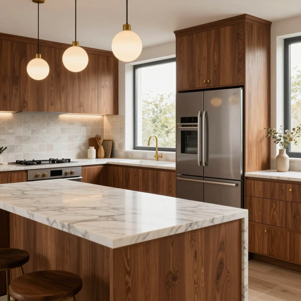 A modern kitchen featuring the latest trends for 2026, showcasing a stylish mix of materials. In the foreground, a sleek marble countertop with intricate veining, complemented by warm, rich wooden cabinetry, and brushed brass hardware. In the middle, an open layout with high-end appliances, such as a minimalist cooktop and a state-of-the-art refrigerator, positioned for functionality and aesthetics. In the background, large windows allow abundant natural light to illuminate the space, highlighting textured tile backsplashes in soft pastel hues. The atmosphere is fresh and inviting, evoking a sense of contemporary elegance and comfort. Soft shadows and a warm glow from pendant lighting create a cozy yet sophisticated ambiance. A modern kitchen featuring the latest trends for 2026, showcasing a stylish mix of materials. In the foreground, a sleek marble countertop with intricate veining, complemented by warm, rich wooden cabinetry, and brushed brass hardware. In the middle, an open layout with high-end appliances, such as a minimalist cooktop and a state-of-the-art refrigerator, positioned for functionality and aesthetics. In the background, large windows allow abundant natural light to illuminate the space, highlighting textured tile backsplashes in soft pastel hues. The atmosphere is fresh and inviting, evoking a sense of contemporary elegance and comfort. Soft shadows and a warm glow from pendant lighting create a cozy yet sophisticated ambiance.