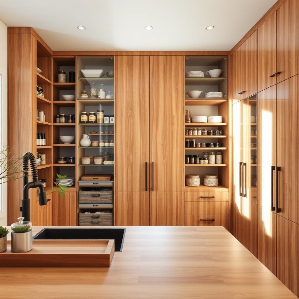 A modern kitchen featuring vertical storage solutions, showcasing tall pantry cabinets filled with neatly organized ingredients and cooking essentials. The foreground includes a sleek wooden countertop with a few stylish kitchen tools and a decorative plant adding a touch of life. In the middle, the tall pantry cabinets stretch towards the ceiling, crafted in a minimalist design with soft-closing doors and a rich, warm wood finish, creating an inviting atmosphere. The background highlights a bright window with sunlight streaming in, accentuating the space's openness and warmth. Utilize soft and natural lighting to enhance the crisp details. Capture the scene from a slightly elevated angle, providing an expansive view of the kitchen layout, evoking a sense of modern elegance and practical efficiency in storage. A modern kitchen featuring vertical storage solutions, showcasing tall pantry cabinets filled with neatly organized ingredients and cooking essentials. The foreground includes a sleek wooden countertop with a few stylish kitchen tools and a decorative plant adding a touch of life. In the middle, the tall pantry cabinets stretch towards the ceiling, crafted in a minimalist design with soft-closing doors and a rich, warm wood finish, creating an inviting atmosphere. The background highlights a bright window with sunlight streaming in, accentuating the space's openness and warmth. Utilize soft and natural lighting to enhance the crisp details. Capture the scene from a slightly elevated angle, providing an expansive view of the kitchen layout, evoking a sense of modern elegance and practical efficiency in storage.