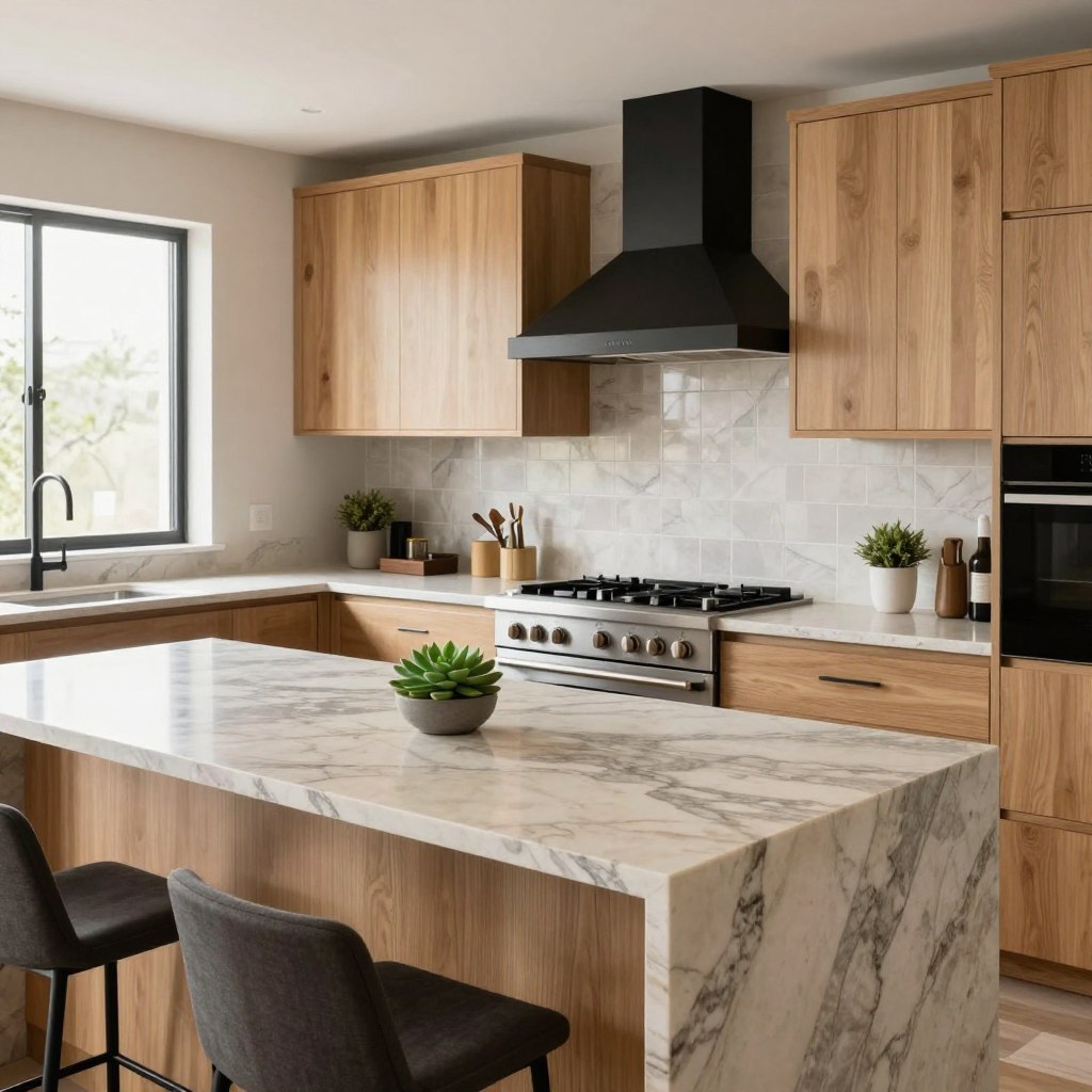 A modern kitchen interior featuring warm white oak cabinetry and sleek black accents, emphasizing a beautifully integrated natural stone countertop with elegant veining in shades of gray and cream. The foreground showcases a polished stone island with minimalistic bar stools, and a small, vibrant succulent plant for a touch of greenery. In the middle, a stylish stove and range hood blend seamlessly with the cabinetry, while decorative tile backsplash adds texture. The background reveals a large window allowing soft, natural light to flood the space, highlighting the rich textures and harmonious color palette. The atmosphere is inviting and contemporary, with a calm and organic feel, captured from a slightly elevated angle to showcase the full design.