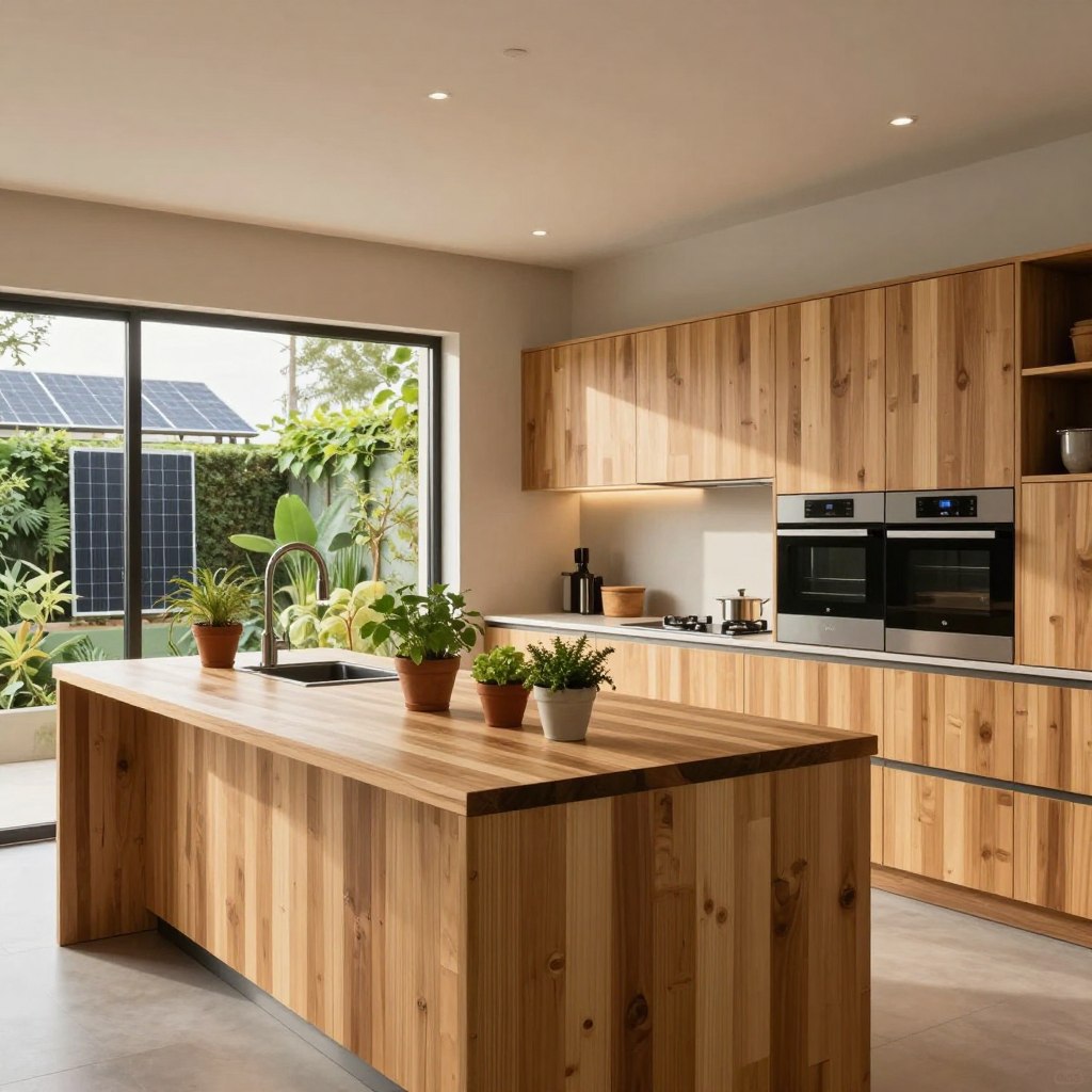A modern kitchen interior showcasing innovative sustainable features, with a focus on eco-friendly materials. In the foreground, a sleek island crafted from recycled wood topped with a bamboo surface, adorned with potted herbs. In the middle ground, elegant cabinetry made from sustainably sourced timber, with energy-efficient appliances integrated seamlessly. The background features large windows bathed in natural light, highlighting views of a vertical garden and solar panels outside. Utilize warm, soft lighting to create a cozy atmosphere, capturing a sense of calm and eco-consciousness. A wide-angle perspective to emphasize space and functionality, inviting viewers to envision a sustainable kitchen lifestyle. No people present. A modern kitchen interior showcasing innovative sustainable features, with a focus on eco-friendly materials. In the foreground, a sleek island crafted from recycled wood topped with a bamboo surface, adorned with potted herbs. In the middle ground, elegant cabinetry made from sustainably sourced timber, with energy-efficient appliances integrated seamlessly. The background features large windows bathed in natural light, highlighting views of a vertical garden and solar panels outside. Utilize warm, soft lighting to create a cozy atmosphere, capturing a sense of calm and eco-consciousness. A wide-angle perspective to emphasize space and functionality, inviting viewers to envision a sustainable kitchen lifestyle. No people present.