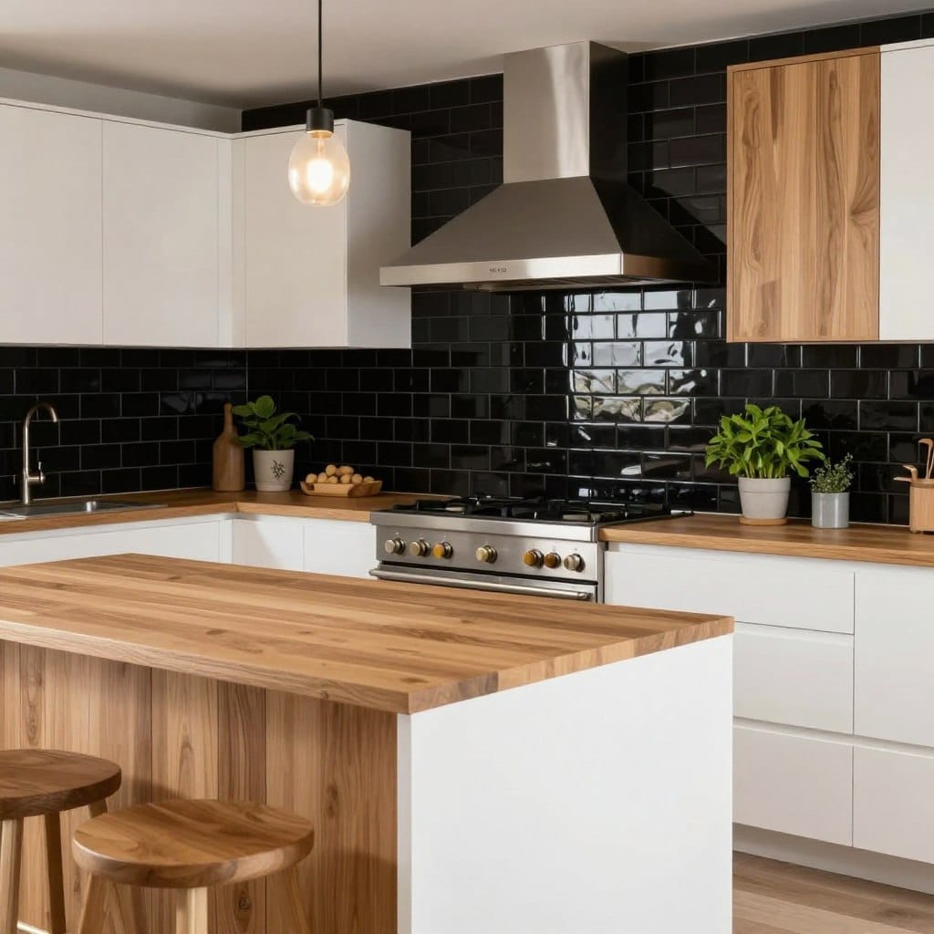 A modern kitchen scene featuring a striking black backsplash with glossy subway tiles that reflect light, accented by rich white oak cabinetry. In the foreground, a sleek kitchen island made of white oak with a minimalist design complements the backsplash. The middle ground showcases stainless steel appliances that blend seamlessly with the dark color palette, while fresh herbs in stylish pots add a touch of greenery. The background hints at warm lighting from hanging pendant lamps, casting a cozy glow throughout the space. The angle is slightly elevated, providing a panoramic view of the kitchen to emphasize the harmonious combination of the black and white oak elements. The atmosphere is contemporary and inviting, perfect for a modern organic look.