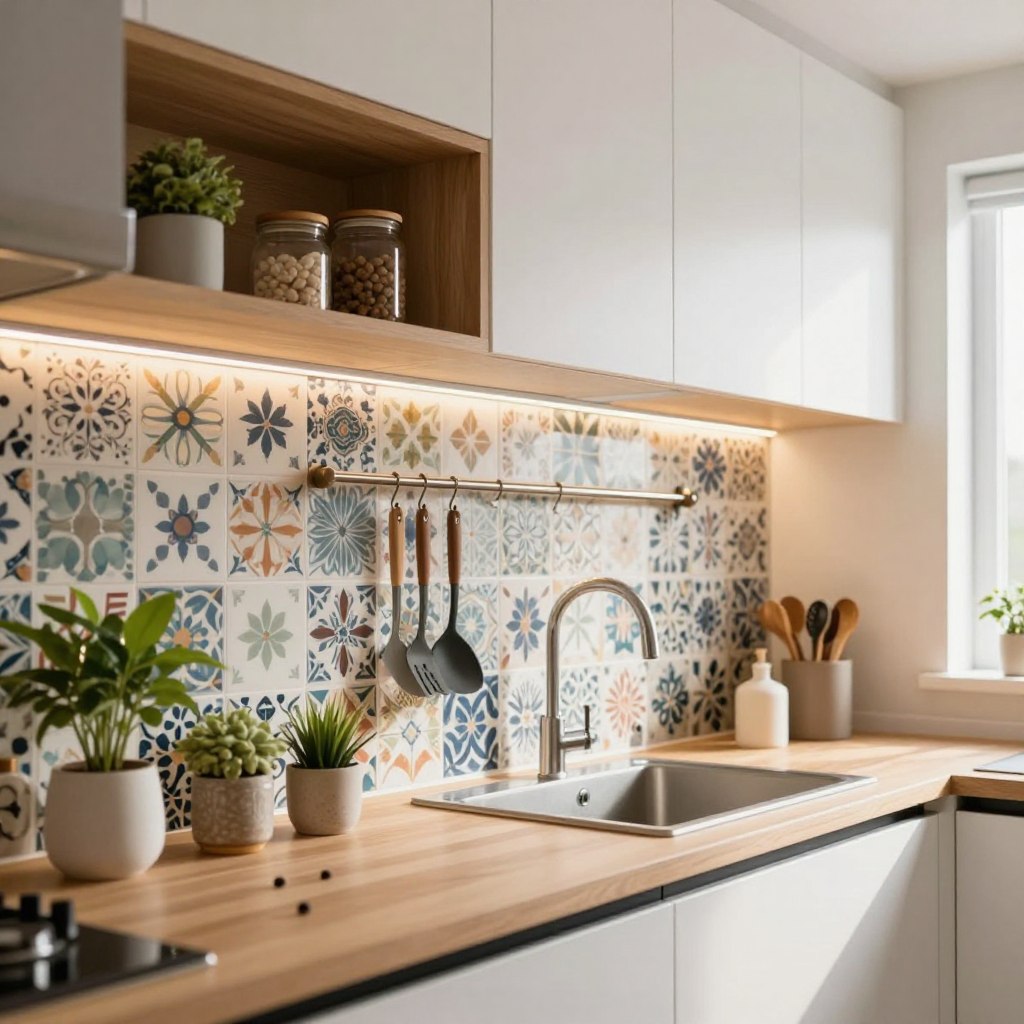 A modern kitchen scene focusing on a beautifully renovated backsplash that maximizes storage potential. In the foreground, sleek open shelving made from natural wood incorporates small plants and decorative jars, enhancing visual appeal. The middle section showcases a stylish, colorful backsplash made of patterned tiles with integrated hooks holding kitchen tools and utensils. The background includes contemporary cabinetry in a soft white, accented by subtle under-cabinet lighting that creates a warm, inviting atmosphere. A bright, airy ambiance is further emphasized by natural light streaming in through a window. The angle is a slightly elevated perspective, capturing the harmonious blend of functionality and aesthetics in the small kitchen space.