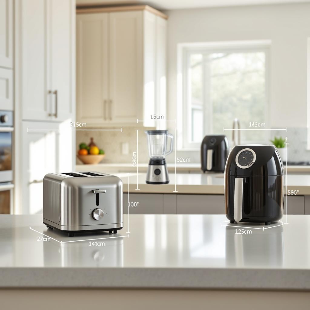 A modern kitchen scene showcasing various small kitchen appliances with clear dimensions marked alongside each item. The foreground features a sleek, stainless steel toaster and a compact coffee maker, both placed on a polished countertop. In the middle ground, a well-organized kitchen island holds a blender and an air fryer, with their dimensions prominently displayed in a technical drawing style. The background consists of light-colored cabinets and a decorative backsplash, creating a bright and inviting atmosphere. Soft, natural light filters in through a nearby window, casting gentle shadows that highlight the appliances. The composition emphasizes practicality and style, aiming for a clean, polished look that emphasizes professionalism and thoughtful design. A modern kitchen scene showcasing various small kitchen appliances with clear dimensions marked alongside each item. The foreground features a sleek, stainless steel toaster and a compact coffee maker, both placed on a polished countertop. In the middle ground, a well-organized kitchen island holds a blender and an air fryer, with their dimensions prominently displayed in a technical drawing style. The background consists of light-colored cabinets and a decorative backsplash, creating a bright and inviting atmosphere. Soft, natural light filters in through a nearby window, casting gentle shadows that highlight the appliances. The composition emphasizes practicality and style, aiming for a clean, polished look that emphasizes professionalism and thoughtful design.