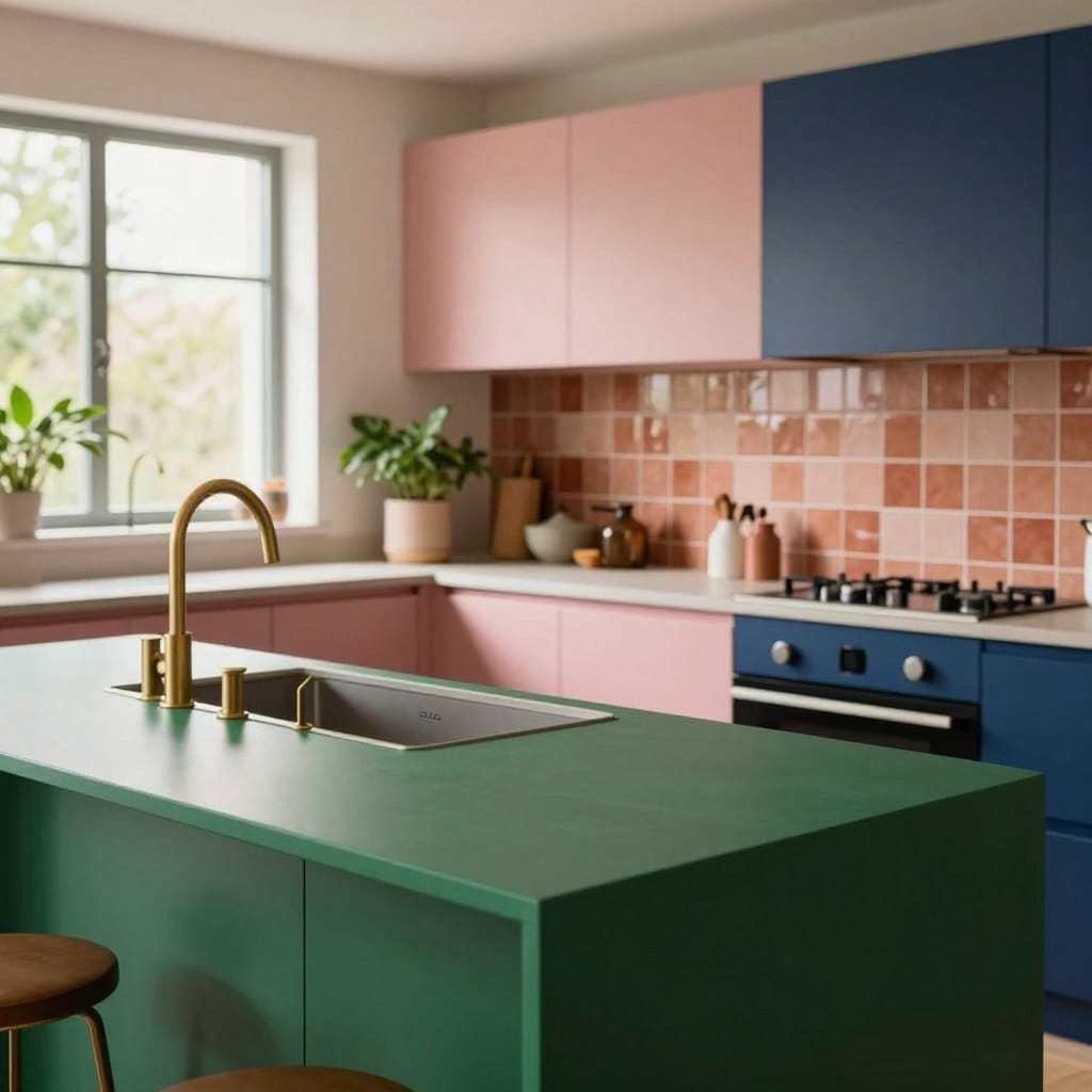 A modern kitchen setting showcasing the color trends for 2026, emphasizing vibrant hues beyond neutral palettes. In the foreground, a stylish island countertop in deep emerald green with sleek matte gold fixtures. The middle ground features cabinetry in soft blush pink and rich navy blue, complemented by unique ceramic tiles in shades of terracotta. The background displays a large window with natural light streaming in, highlighting plants and décor in complementary colors. Use soft, warm lighting to create an inviting atmosphere and capture the essence of contemporary design. The composition should focus on a balanced layout, with a slight angled perspective to showcase the dynamic color contrasts effectively. The mood is creative and inspiring, ideal for envisioning future kitchen styles.