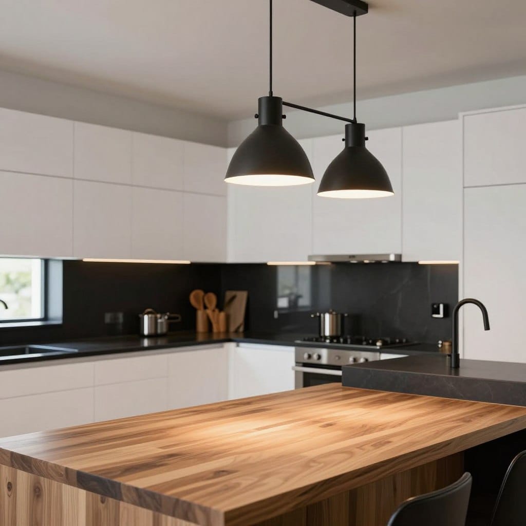 A modern kitchen showcasing a striking lighting design featuring stylish statement fixtures that harmoniously blend with white oak cabinetry and sleek black accents. In the foreground, a large, artistic pendant light with an elegant, industrial design hangs gracefully over a wooden island, casting a warm glow. The middle ground reveals a well-organized kitchen with polished black countertops and subtle white oak details, complemented by additional layered lighting that creates depth. The background showcases a bright and airy space with large windows allowing natural light to filter in, enhancing the inviting atmosphere. The scene should evoke a sense of sophistication and modern elegance, captured from a slightly elevated angle to highlight the interplay of light and materials, using soft focus for a dreamy effect while maintaining clarity in detail.