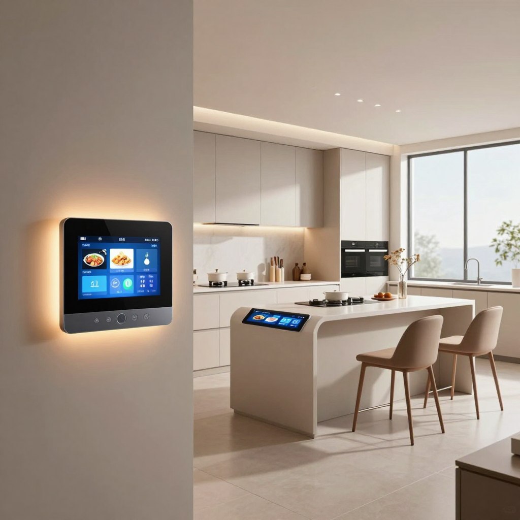 A modern kitchen showcasing seamless smart home integration, featuring sleek, minimalist cabinetry and high-tech appliances. In the foreground, a futuristic digital touchscreen panel controls various kitchen functions, like lighting and temperature. The middle ground includes a stylish island with smart countertops displaying recipe information, surrounded by elegant bar stools. In the background, large windows let in natural light, illuminating a blend of neutral and pastel colors. The atmosphere is inviting and ultra-modern, with soft, warm lighting creating a cozy yet high-tech feel. Capture the scene with a wide-angle view, accentuating the spacious layout and innovative design, evoking a sense of sophistication and practicality. A modern kitchen showcasing seamless smart home integration, featuring sleek, minimalist cabinetry and high-tech appliances. In the foreground, a futuristic digital touchscreen panel controls various kitchen functions, like lighting and temperature. The middle ground includes a stylish island with smart countertops displaying recipe information, surrounded by elegant bar stools. In the background, large windows let in natural light, illuminating a blend of neutral and pastel colors. The atmosphere is inviting and ultra-modern, with soft, warm lighting creating a cozy yet high-tech feel. Capture the scene with a wide-angle view, accentuating the spacious layout and innovative design, evoking a sense of sophistication and practicality.