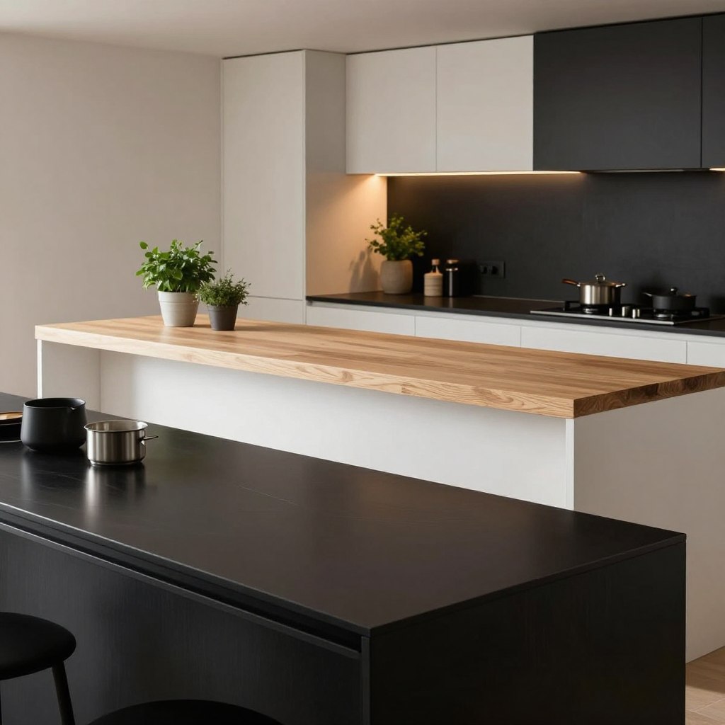 A modern kitchen showcasing sleek black countertops paired elegantly with a white oak island, creating a striking contrast. In the foreground, the black countertops gleam under warm, ambient lighting, reflecting a minimalist setup with stylish kitchen accessories. The middle layer features a large white oak island, complete with a natural wood grain finish, contrasting beautifully against the dark surfaces. Soft lighting highlights the texture and warmth of the oak, while subtle greenery, like potted herbs, adds a touch of organic charm. The background displays modern cabinetry with a clean, open layout, enhancing the contemporary feel. The mood is inviting and sophisticated, capturing the essence of a modern organic look in kitchen design.