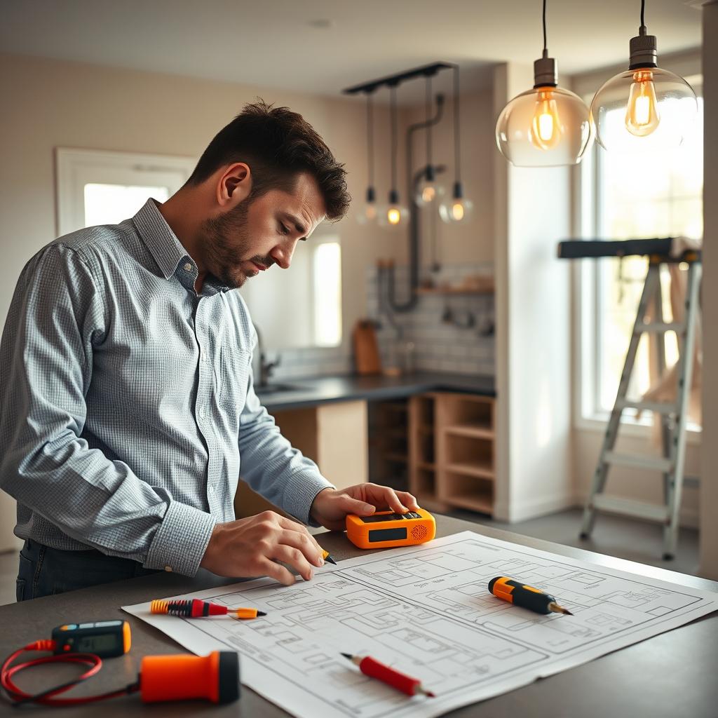 A modern kitchen under renovation, showcasing an intense focus on electrical planning. In the foreground, a professionally dressed contractor examines an electrical blueprint spread across a countertop, with various tools like a voltage tester and wire connectors neatly organized beside them. The middle of the scene features an unfinished kitchen, with exposed wiring and plumbing, demonstrating the crucial integration of electrical sockets and lighting fixtures. In the background, light fixtures hang from the ceiling, partially installed, with tools on a nearby ladder. Soft natural light filters in through a window, casting a warm glow over the workspace. The atmosphere is one of careful planning and professional diligence, emphasizing the importance of addressing electrical constraints in kitchen renovations. No people are visible, ensuring a clear focus on the intricate details of the planning process. A modern kitchen under renovation, showcasing an intense focus on electrical planning. In the foreground, a professionally dressed contractor examines an electrical blueprint spread across a countertop, with various tools like a voltage tester and wire connectors neatly organized beside them. The middle of the scene features an unfinished kitchen, with exposed wiring and plumbing, demonstrating the crucial integration of electrical sockets and lighting fixtures. In the background, light fixtures hang from the ceiling, partially installed, with tools on a nearby ladder. Soft natural light filters in through a window, casting a warm glow over the workspace. The atmosphere is one of careful planning and professional diligence, emphasizing the importance of addressing electrical constraints in kitchen renovations. No people are visible, ensuring a clear focus on the intricate details of the planning process.