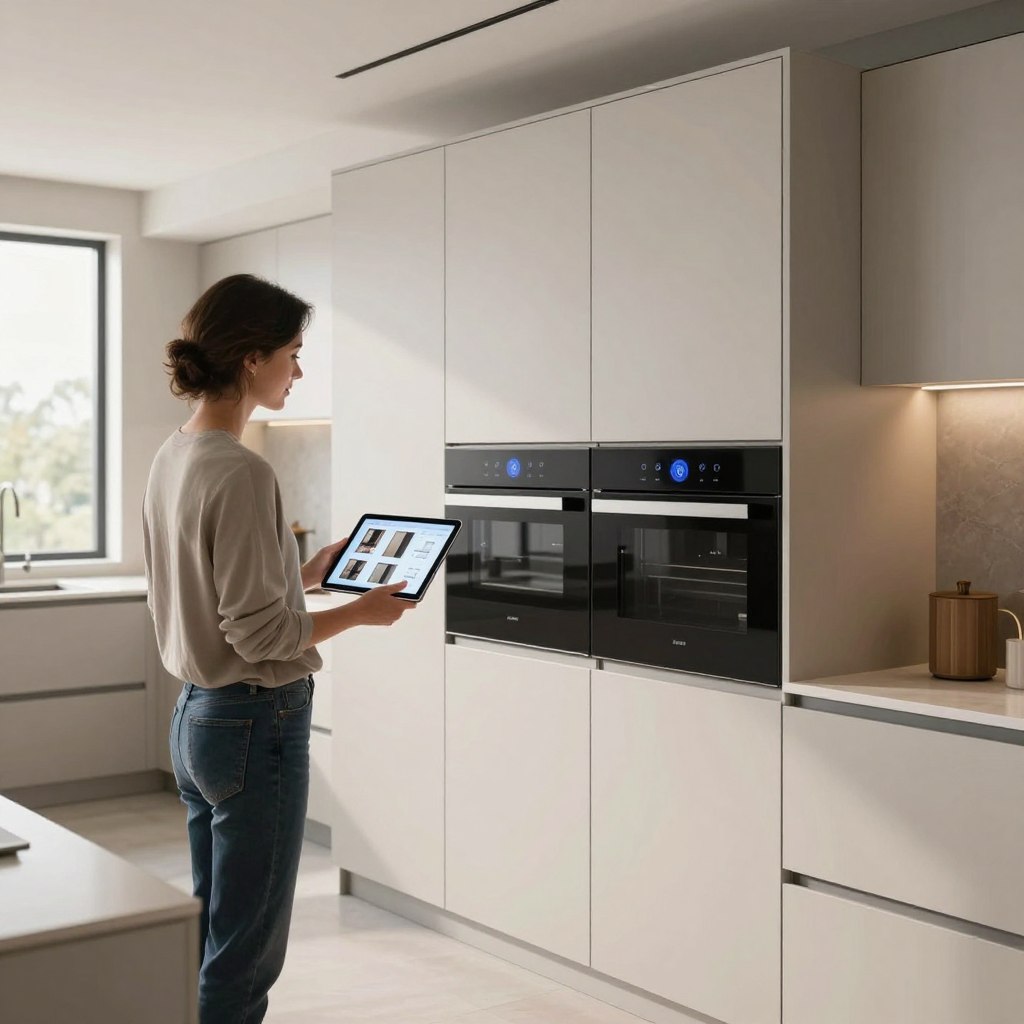 A modern kitchen with a focus on smart cabinetry, showcasing a professional designer assessing the layout. In the foreground, the designer, dressed in smart casual attire, is examining a digital tablet displaying smart cabinet features. In the middle, sleek, high-tech cabinets with touch-sensitive controls and integrated appliances create an efficient workflow, harmonizing function and style. The background features an open, airy kitchen space with natural light streaming in through large windows, highlighting a clean, minimalist aesthetic. Use soft, even lighting to accentuate the cabinet textures, and capture the scene from a slightly elevated angle for a comprehensive view of the kitchen layout. The atmosphere is collaborative and innovative, reflecting the intersection of design and technology in kitchen planning. A modern kitchen with a focus on smart cabinetry, showcasing a professional designer assessing the layout. In the foreground, the designer, dressed in smart casual attire, is examining a digital tablet displaying smart cabinet features. In the middle, sleek, high-tech cabinets with touch-sensitive controls and integrated appliances create an efficient workflow, harmonizing function and style. The background features an open, airy kitchen space with natural light streaming in through large windows, highlighting a clean, minimalist aesthetic. Use soft, even lighting to accentuate the cabinet textures, and capture the scene from a slightly elevated angle for a comprehensive view of the kitchen layout. The atmosphere is collaborative and innovative, reflecting the intersection of design and technology in kitchen planning.