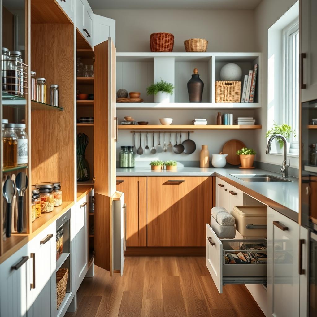 A modern kitchen with efficient and stylish storage solutions prominently featured. In the foreground, showcase a well-organized pantry with neatly arranged glass jars, spices, and utensils in a harmonious layout. In the middle, display a decluttered kitchen countertop with sleek containers and a small herb garden. The cabinetry should have pull-out shelves and innovative storage drawers. In the background, include open shelving with decorative baskets and cookbooks for added charm. Natural light floods the space, highlighting the warm wood tones and crisp white cabinets. Capture the scene from a slight angle to emphasize depth and functionality, creating a cozy yet sophisticated atmosphere that illustrates the importance of smart storage in small kitchen design. A modern kitchen with efficient and stylish storage solutions prominently featured. In the foreground, showcase a well-organized pantry with neatly arranged glass jars, spices, and utensils in a harmonious layout. In the middle, display a decluttered kitchen countertop with sleek containers and a small herb garden. The cabinetry should have pull-out shelves and innovative storage drawers. In the background, include open shelving with decorative baskets and cookbooks for added charm. Natural light floods the space, highlighting the warm wood tones and crisp white cabinets. Capture the scene from a slight angle to emphasize depth and functionality, creating a cozy yet sophisticated atmosphere that illustrates the importance of smart storage in small kitchen design.