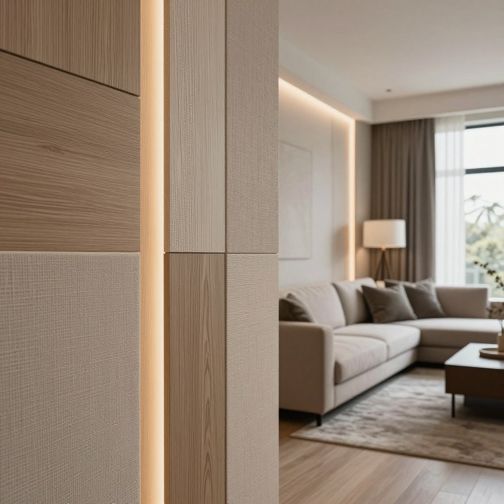 A modern living room featuring DIY textured wall panels that add depth and dimension. In the foreground, showcase a close-up of the panels, highlighting intricate textures like wood grain, geometric patterns, and fabric-like surfaces. The middle ground displays a cozy seating arrangement with a stylish sofa and decorative pillows, complementing the wall decor. In the background, large windows allow natural light to filter in, creating a warm and inviting atmosphere. Soft, ambient lighting emphasizes the textures of the panels and adds a sophisticated glow. The room should embody a contemporary aesthetic, with neutral colors and minimalist decor that enhance the visual impact of the textured walls. Aim for a well-composed, inviting scene that reflects modern interior design trends. A modern living room featuring DIY textured wall panels that add depth and dimension. In the foreground, showcase a close-up of the panels, highlighting intricate textures like wood grain, geometric patterns, and fabric-like surfaces. The middle ground displays a cozy seating arrangement with a stylish sofa and decorative pillows, complementing the wall decor. In the background, large windows allow natural light to filter in, creating a warm and inviting atmosphere. Soft, ambient lighting emphasizes the textures of the panels and adds a sophisticated glow. The room should embody a contemporary aesthetic, with neutral colors and minimalist decor that enhance the visual impact of the textured walls. Aim for a well-composed, inviting scene that reflects modern interior design trends.