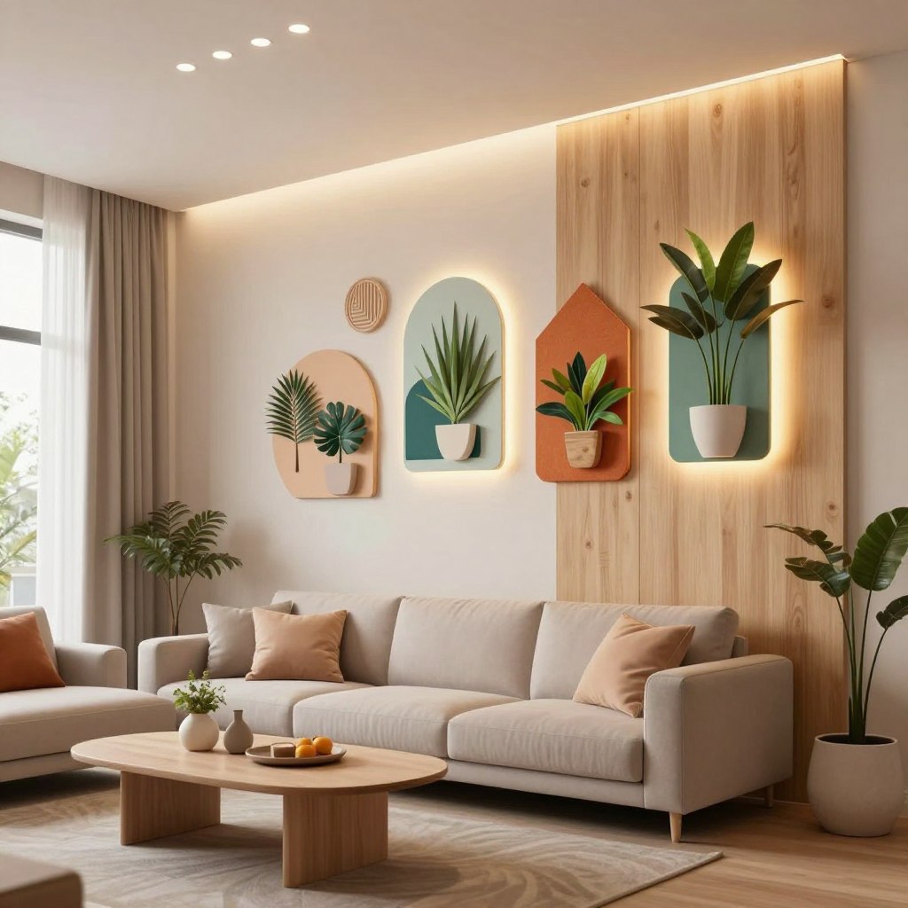 A modern living room featuring DIY wall decor illuminated by soft, ambient LED lighting. In the foreground, a stylish wood panel accent wall adorned with handcrafted geometric shapes and vibrant plants, creating a warm, inviting atmosphere. In the middle ground, a sleek, contemporary sofa with plush cushions and a minimalist coffee table, complemented by decorative items that harmonize with the wall decor. The background showcases large windows allowing natural light to blend with the LED glow, enhancing the warm color palette of earthy tones and pastels. The scene is captured from a low angle, emphasizing the verticality of the wall features while providing a cozy, serene ambiance in the space. The overall mood is modern, tranquil, and creatively inspiring. A modern living room featuring DIY wall decor illuminated by soft, ambient LED lighting. In the foreground, a stylish wood panel accent wall adorned with handcrafted geometric shapes and vibrant plants, creating a warm, inviting atmosphere. In the middle ground, a sleek, contemporary sofa with plush cushions and a minimalist coffee table, complemented by decorative items that harmonize with the wall decor. The background showcases large windows allowing natural light to blend with the LED glow, enhancing the warm color palette of earthy tones and pastels. The scene is captured from a low angle, emphasizing the verticality of the wall features while providing a cozy, serene ambiance in the space. The overall mood is modern, tranquil, and creatively inspiring.