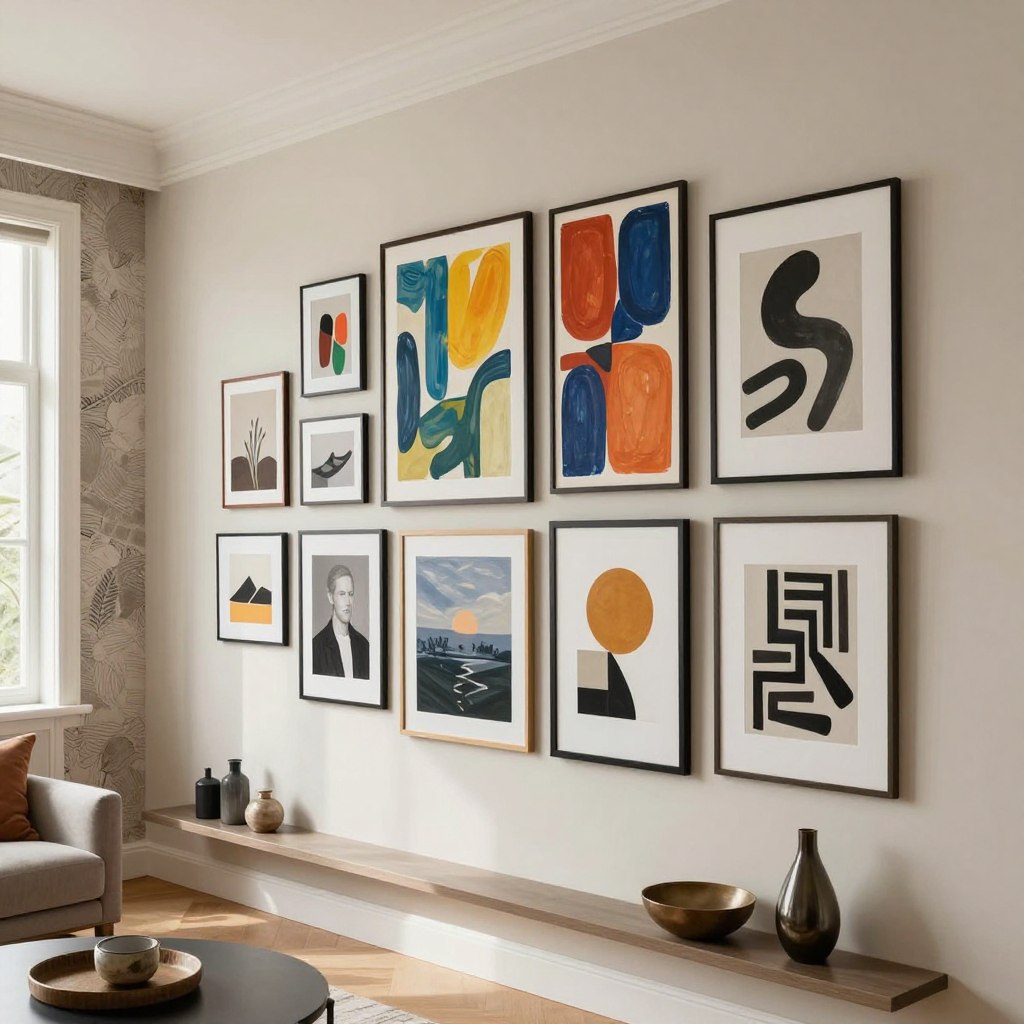 A modern living room featuring a sophisticated wall decor evolution for 2026, showcasing various styles and elements. In the foreground, a minimalist wall with geometric art pieces in neutral tones, accompanied by sleek shelves displaying decorative objects. The middle ground includes a vibrant gallery wall with abstract paintings and framed photographs in contemporary frames, giving a sense of personality and warmth. In the background, soft natural light floods through large windows, highlighting an accent wall with textured wallpaper. The atmosphere is inviting and stylish, conveying a balance of comfort and modernity. The image should be shot from a slightly elevated angle, emphasizing the layout and decor, with a focus on rich colors and harmonious design elements, creating an inspiring living space ambiance. A modern living room featuring a sophisticated wall decor evolution for 2026, showcasing various styles and elements. In the foreground, a minimalist wall with geometric art pieces in neutral tones, accompanied by sleek shelves displaying decorative objects. The middle ground includes a vibrant gallery wall with abstract paintings and framed photographs in contemporary frames, giving a sense of personality and warmth. In the background, soft natural light floods through large windows, highlighting an accent wall with textured wallpaper. The atmosphere is inviting and stylish, conveying a balance of comfort and modernity. The image should be shot from a slightly elevated angle, emphasizing the layout and decor, with a focus on rich colors and harmonious design elements, creating an inspiring living space ambiance.