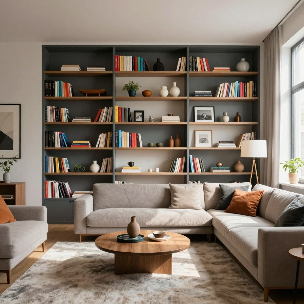 A modern living room featuring a striking accent wall with built-in shelves. The shelves are styled with an array of colorful books, tasteful decor items like vases and framed photos, and a few small plants for a touch of greenery. In the foreground, a cozy coffee table sits on a plush area rug, adding warmth to the space. The middle of the room showcases a stylish sofa, perfectly positioned to face the accent wall. Soft, natural light streams in through large windows, casting gentle shadows and creating a welcoming atmosphere. The background includes a minimalist floor lamp and subtle artwork on adjacent walls, contributing to the modern aesthetic. The overall mood is inviting and functional, ideal for both relaxation and display. A modern living room featuring a striking accent wall with built-in shelves. The shelves are styled with an array of colorful books, tasteful decor items like vases and framed photos, and a few small plants for a touch of greenery. In the foreground, a cozy coffee table sits on a plush area rug, adding warmth to the space. The middle of the room showcases a stylish sofa, perfectly positioned to face the accent wall. Soft, natural light streams in through large windows, casting gentle shadows and creating a welcoming atmosphere. The background includes a minimalist floor lamp and subtle artwork on adjacent walls, contributing to the modern aesthetic. The overall mood is inviting and functional, ideal for both relaxation and display.