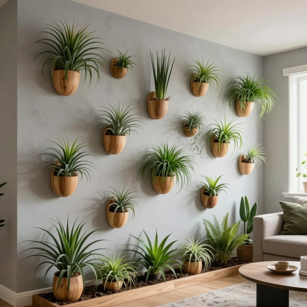 A modern living room featuring a stunning living wall adorned with various air plants in an elegant arrangement. In the foreground, showcase vibrant green air plants of differing sizes and shapes, poised in sleek, minimalistic wall-mounted planters made of natural wood. The middle layer displays the textured wall, a soft, light gray color, enhancing the lush greenery. In the background, include hints of contemporary furniture such as a cozy sofa and a stylish coffee table, creating a harmonious décor. The lighting is warm and natural, coming from a nearby window, creating a fresh and inviting atmosphere. The overall mood is tranquil and rejuvenating, ideal for a modern living space. A modern living room featuring a stunning living wall adorned with various air plants in an elegant arrangement. In the foreground, showcase vibrant green air plants of differing sizes and shapes, poised in sleek, minimalistic wall-mounted planters made of natural wood. The middle layer displays the textured wall, a soft, light gray color, enhancing the lush greenery. In the background, include hints of contemporary furniture such as a cozy sofa and a stylish coffee table, creating a harmonious décor. The lighting is warm and natural, coming from a nearby window, creating a fresh and inviting atmosphere. The overall mood is tranquil and rejuvenating, ideal for a modern living space.