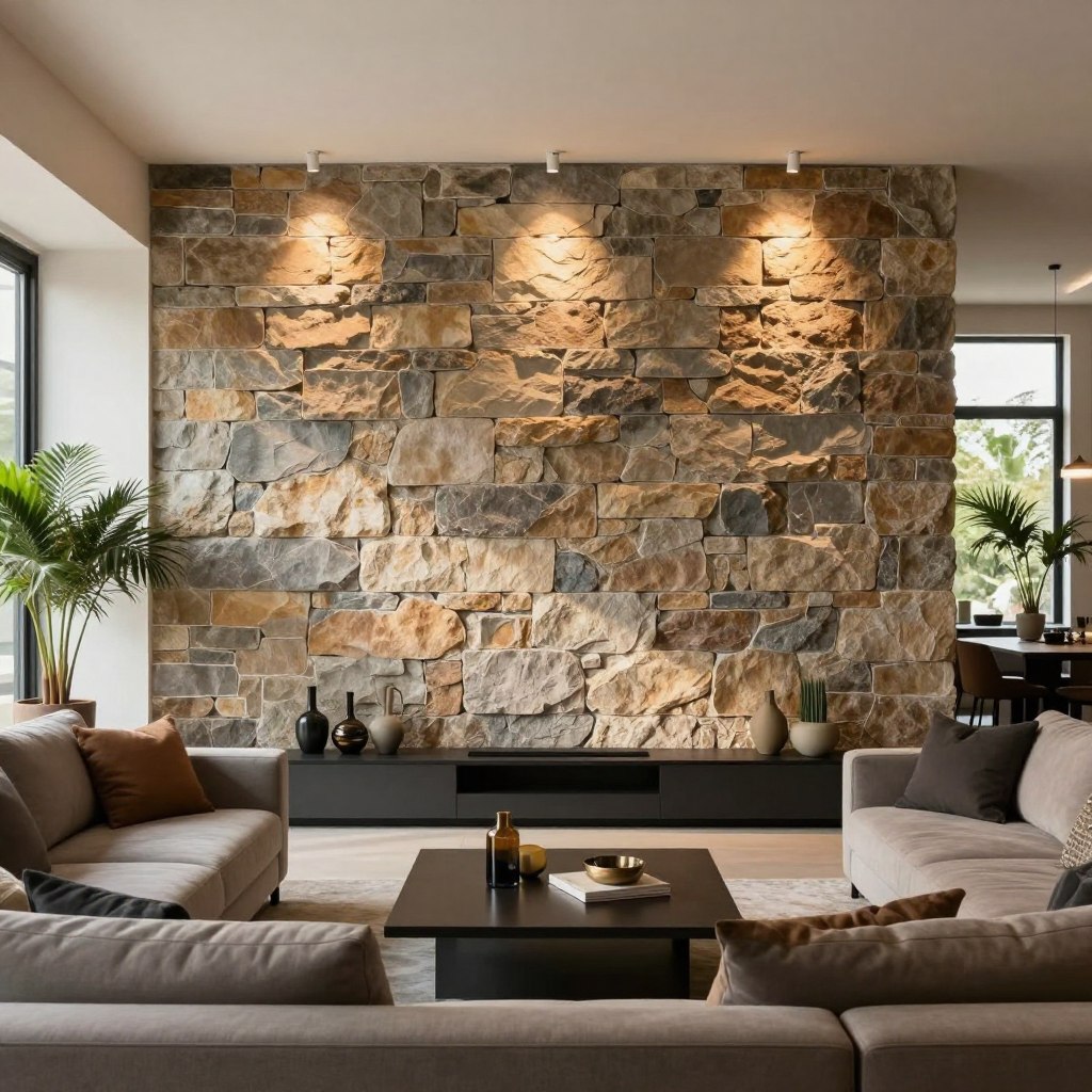 A modern living room featuring a stunning stone brick veneer accent wall, showcasing a blend of rustic charm and contemporary design. In the foreground, a stylish sofa in muted tones invites comfort, adorned with soft pillows. The middle section highlights the impressive feature wall, where textured stone bricks create a warm, inviting atmosphere, illuminated by soft ambient lighting that casts gentle shadows, enhancing the wall's dimensionality. A sleek coffee table with elegant decor pieces complements the setting. The background features large windows allowing natural light to flood the room, while indoor plants add a touch of greenery. The overall mood is cozy and sophisticated, perfect for a modern living space, captured with a wide angle lens for an immersive view. A modern living room featuring a stunning stone brick veneer accent wall, showcasing a blend of rustic charm and contemporary design. In the foreground, a stylish sofa in muted tones invites comfort, adorned with soft pillows. The middle section highlights the impressive feature wall, where textured stone bricks create a warm, inviting atmosphere, illuminated by soft ambient lighting that casts gentle shadows, enhancing the wall's dimensionality. A sleek coffee table with elegant decor pieces complements the setting. The background features large windows allowing natural light to flood the room, while indoor plants add a touch of greenery. The overall mood is cozy and sophisticated, perfect for a modern living space, captured with a wide angle lens for an immersive view.