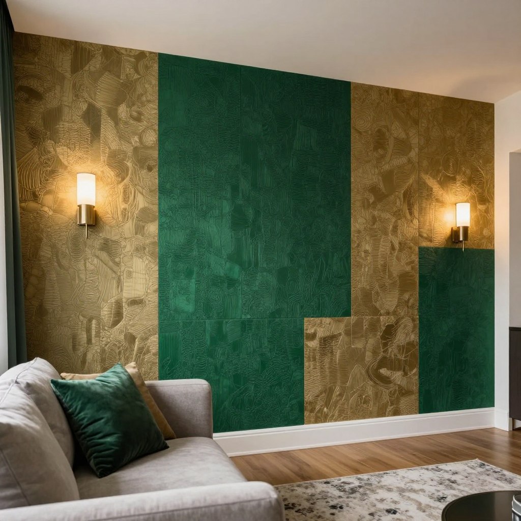 A modern living room featuring an accent wall adorned with textured wallpaper and luxurious fabric panels. In the foreground, a stylish couch with decorative cushions invites relaxation. The middle section showcases the striking accent wall, with a combination of rich, textured wallpaper in deep emerald green, elegantly contrasted with soft, quilted fabric sections in a muted gold. Subtle patterns weave through the textiles, adding depth and a sense of touch. The background includes warm, ambient lighting from sleek wall sconces that highlight the wall's textures. A cozy rug lies on a hardwood floor, enhancing the inviting atmosphere. The scene is captured with a wide-angle lens, emphasizing the space and creating a bright, airy mood, perfect for a contemporary living environment. A modern living room featuring an accent wall adorned with textured wallpaper and luxurious fabric panels. In the foreground, a stylish couch with decorative cushions invites relaxation. The middle section showcases the striking accent wall, with a combination of rich, textured wallpaper in deep emerald green, elegantly contrasted with soft, quilted fabric sections in a muted gold. Subtle patterns weave through the textiles, adding depth and a sense of touch. The background includes warm, ambient lighting from sleek wall sconces that highlight the wall's textures. A cozy rug lies on a hardwood floor, enhancing the inviting atmosphere. The scene is captured with a wide-angle lens, emphasizing the space and creating a bright, airy mood, perfect for a contemporary living environment.