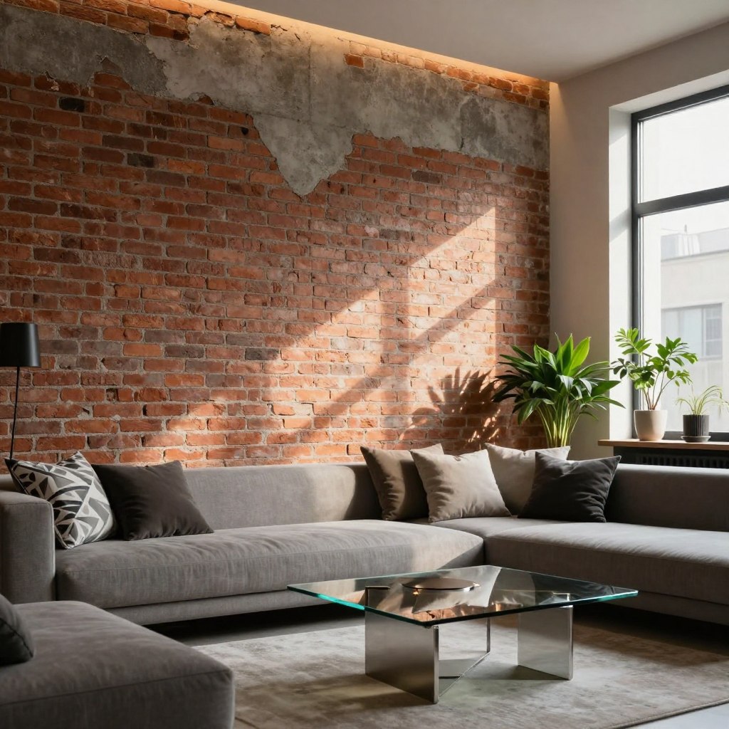 A modern living room featuring an industrial-style accent wall made of exposed red brick and raw concrete. In the foreground, a sleek, minimalist sofa sits adorned with geometric-patterned cushions. A stylish glass coffee table with metallic accents is placed center stage, complementing the industrial theme. In the middle ground, the accent wall is highlighted with warm, ambient lighting, showcasing the varied textures of the brick and concrete, enhanced by shadow play. The background features a large window with natural light streaming in, illuminating a few potted plants for a touch of greenery. The mood is cozy yet contemporary, perfect for a stylish urban dwelling. Captured from a slight angle to emphasize depth and dimensionality, with a focus on clean lines and modern decor elements. A modern living room featuring an industrial-style accent wall made of exposed red brick and raw concrete. In the foreground, a sleek, minimalist sofa sits adorned with geometric-patterned cushions. A stylish glass coffee table with metallic accents is placed center stage, complementing the industrial theme. In the middle ground, the accent wall is highlighted with warm, ambient lighting, showcasing the varied textures of the brick and concrete, enhanced by shadow play. The background features a large window with natural light streaming in, illuminating a few potted plants for a touch of greenery. The mood is cozy yet contemporary, perfect for a stylish urban dwelling. Captured from a slight angle to emphasize depth and dimensionality, with a focus on clean lines and modern decor elements.
