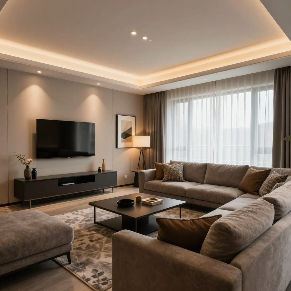 A modern living room featuring elegant cove lighting integrated into the ceiling, softly illuminating the space with warm, ambient light. The foreground showcases a chic sectional sofa in muted tones, adorned with textured throw pillows. In the middle, a stylish coffee table sits atop a patterned rug, with a few tasteful decorative items. Accent lights highlight artwork on the walls, creating focal points of interest. The background reveals large windows draped with sheer curtains, allowing soft natural light to filter in. The atmosphere is inviting and cozy, ideal for relaxation. The composition captures the depth and serenity of the room from a slight angle, emphasizing the interplay of light and shadow, while maintaining a clean, modern aesthetic.
