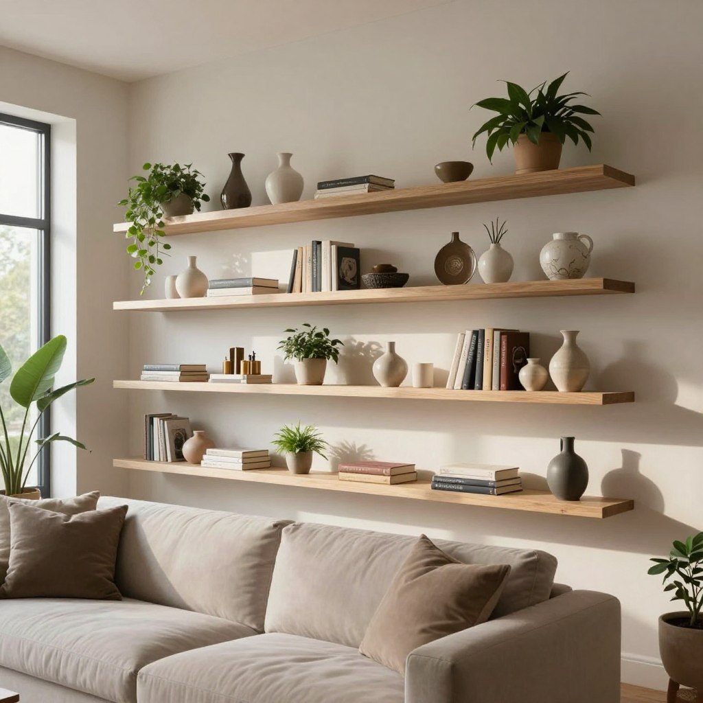 A modern living room featuring floating shelves elegantly arranged on a light-colored wall. The shelves are adorned with a curated display of decorative items, including potted plants, stylish books, and artisanal ceramics, creating an inviting atmosphere. In the foreground, a plush sofa with neutral-toned cushions complements the decor. Soft natural light filters in through large windows, casting gentle shadows that enhance the texture of the walls and shelves. The camera angle captures the entire shelving unit alongside elements of the room, creating a balanced composition. The mood is serene and contemporary, emphasizing simplicity and sophistication in interior design. A modern living room featuring floating shelves elegantly arranged on a light-colored wall. The shelves are adorned with a curated display of decorative items, including potted plants, stylish books, and artisanal ceramics, creating an inviting atmosphere. In the foreground, a plush sofa with neutral-toned cushions complements the decor. Soft natural light filters in through large windows, casting gentle shadows that enhance the texture of the walls and shelves. The camera angle captures the entire shelving unit alongside elements of the room, creating a balanced composition. The mood is serene and contemporary, emphasizing simplicity and sophistication in interior design.