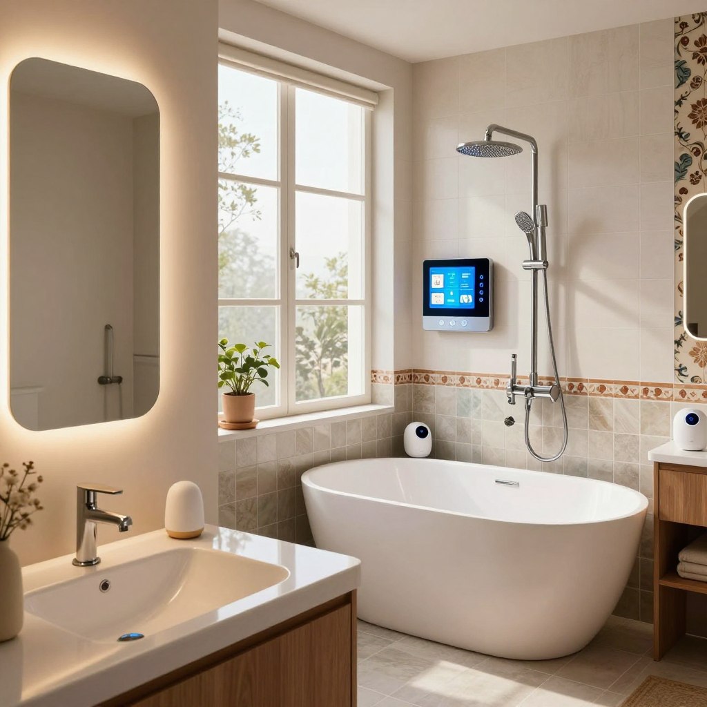 A modern mid-century bathroom cleverly blending retro elements with advanced smart technology. In the foreground, a sleek, touch-sensitive smart mirror reflects soft ambient lighting. The middle section showcases a stylish freestanding bathtub with integrated mood lighting and a high-tech showerhead featuring digital controls. On the wall, a smart control panel displays various settings, surrounded by vintage-inspired tiles. The background features large windows allowing natural light to stream in, highlighting the juxtaposition of the classic wooden vanity and contemporary smart devices like a voice-controlled voice assistant and sensor-based faucets. The atmosphere is serene and inviting, with a color palette of soothing earth tones and soft whites, creating a harmonious blend of retro charm and modern innovation. A modern mid-century bathroom cleverly blending retro elements with advanced smart technology. In the foreground, a sleek, touch-sensitive smart mirror reflects soft ambient lighting. The middle section showcases a stylish freestanding bathtub with integrated mood lighting and a high-tech showerhead featuring digital controls. On the wall, a smart control panel displays various settings, surrounded by vintage-inspired tiles. The background features large windows allowing natural light to stream in, highlighting the juxtaposition of the classic wooden vanity and contemporary smart devices like a voice-controlled voice assistant and sensor-based faucets. The atmosphere is serene and inviting, with a color palette of soothing earth tones and soft whites, creating a harmonious blend of retro charm and modern innovation.