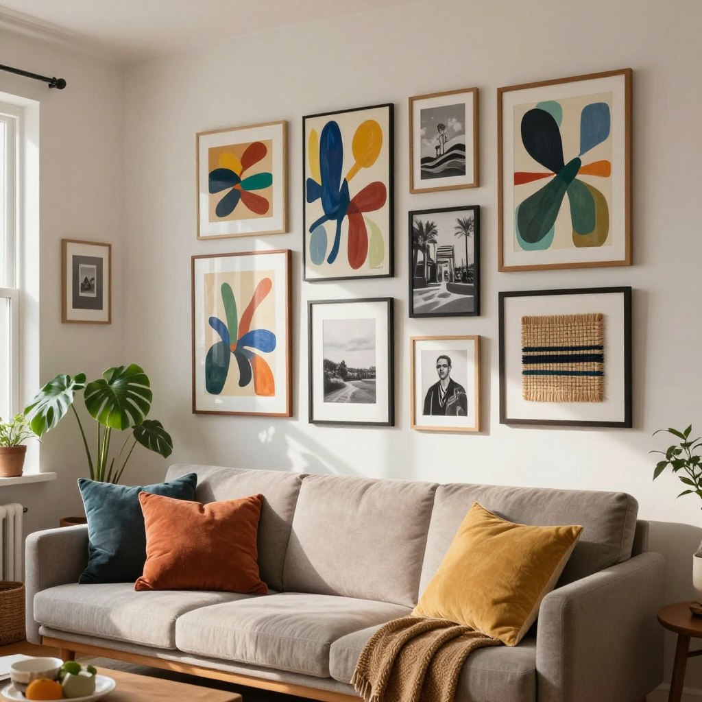 A modern mixed media gallery wall in a cozy living room setting, featuring a dynamic assortment of framed art pieces that combine abstract paintings, black-and-white photography, and woven textile art. The foreground showcases a stylish mid-century sofa adorned with colorful throw pillows, while the gallery wall itself is arranged in an asymmetrical layout that draws attention. The middle ground includes a few potted plants for a touch of greenery. Soft, natural light filters in through a nearby window, casting gentle shadows and highlighting the textures of the artworks. A warm and inviting atmosphere is created, encouraging a sense of comfort and creativity in this stylish living space. A modern mixed media gallery wall in a cozy living room setting, featuring a dynamic assortment of framed art pieces that combine abstract paintings, black-and-white photography, and woven textile art. The foreground showcases a stylish mid-century sofa adorned with colorful throw pillows, while the gallery wall itself is arranged in an asymmetrical layout that draws attention. The middle ground includes a few potted plants for a touch of greenery. Soft, natural light filters in through a nearby window, casting gentle shadows and highlighting the textures of the artworks. A warm and inviting atmosphere is created, encouraging a sense of comfort and creativity in this stylish living space.