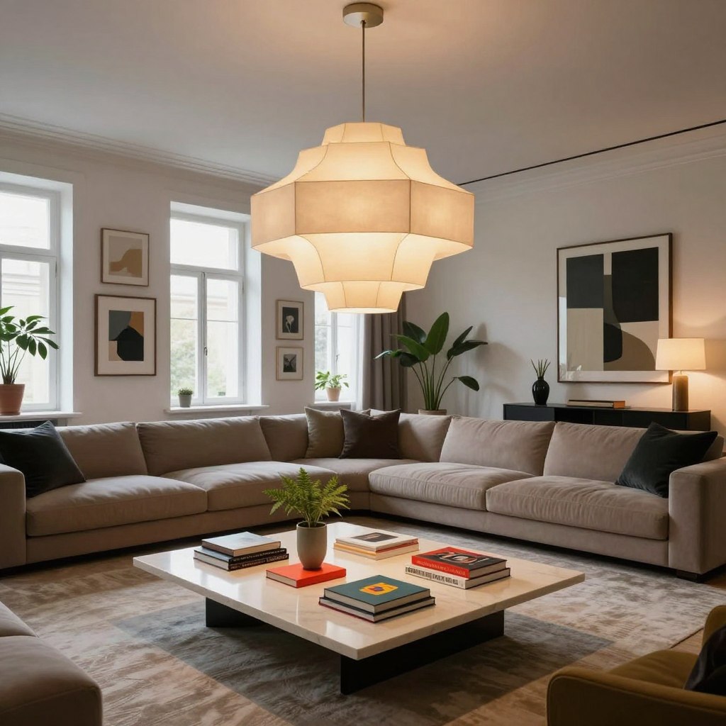 A modern open concept living area featuring striking statement lighting that serves as functional art. In the foreground, a sleek, oversized pendant light with an intricate geometric design casts a warm glow over a stylish coffee table adorned with a vibrant arrangement of decorative books and a minimalist plant. The middle section displays a spacious, elegantly furnished space with a plush sectional sofa in muted tones, accent pillows, and a textured rug creating an inviting atmosphere. In the background, large windows allow natural light to flood the room, highlighting a curated gallery wall with contemporary artwork. The overall mood is sophisticated yet welcoming, with soft shadows and highlights enhancing the design elements, shot with a wide-angle lens to capture the expansive layout.