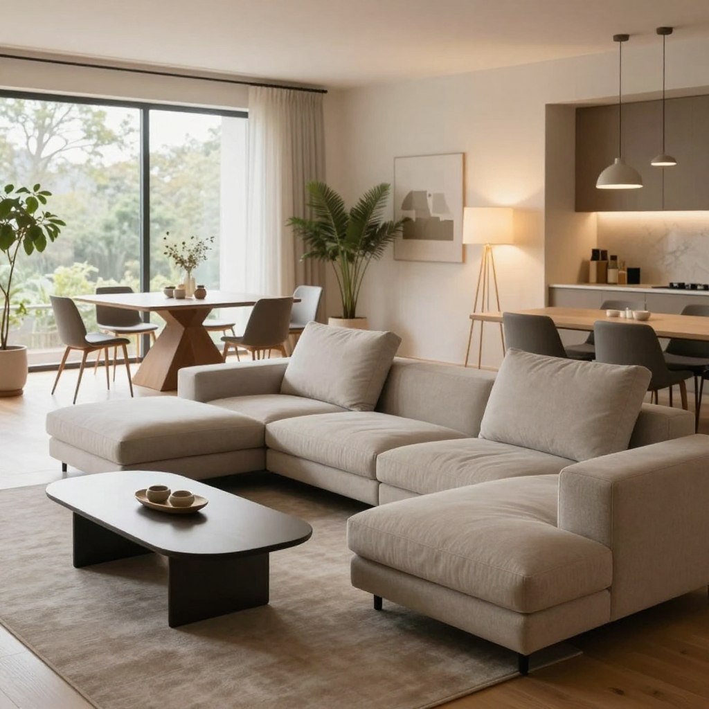 A modern open concept living room featuring flexible and multi-functional furniture. In the foreground, a sleek modular sofa with adjustable sections in neutral tones, paired with a compact, extendable coffee table. In the middle, a stylish dining area with a foldable dining table and contemporary chairs, adaptable for different gatherings. The background showcases large windows allowing natural light to pour in, creating a bright and airy atmosphere. Soft, warm lighting from elegant fixtures enhances the cozy ambiance. The overall mood is inviting and sophisticated, combining functionality with modern design elements. A polished wooden floor complements the space, while indoor greenery adds a touch of freshness to the living environment.