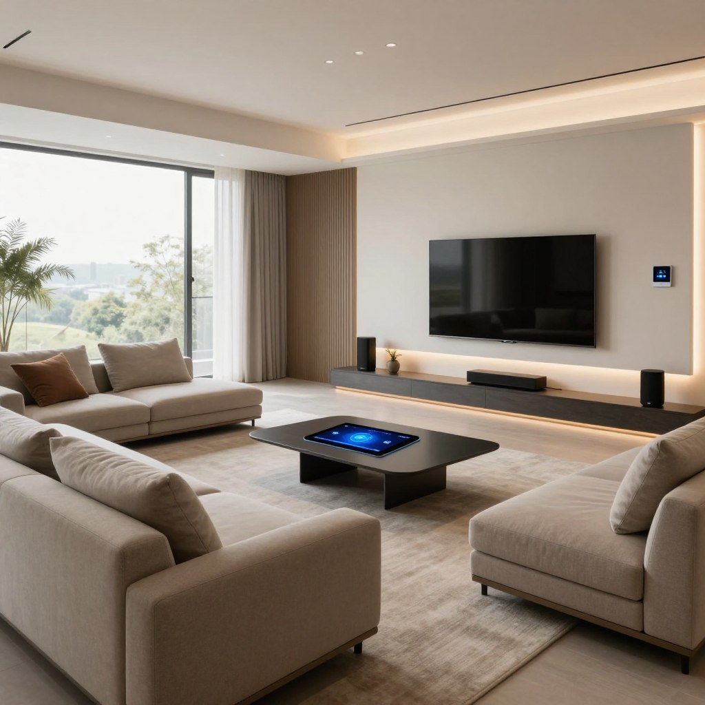 A modern open concept living room, showcasing a seamless blend of contemporary furniture and integrated smart home technology. In the foreground, an elegant sofa with minimalist design in neutral tones is accented by smart LED lighting embedded in the walls. The middle area features a sleek coffee table with a touch screen interface, and a built-in sound system subtly integrated into the decor. Large windows in the background allow natural light to flood the space, enhancing the airy atmosphere. Smart devices are visible, such as a smart thermostat and voice-activated speakers. The overall mood is inviting and sophisticated, captured from a wide-angle perspective to emphasize the open layout and harmonious design elements. Soft, warm lighting adds a cozy feel to the environment.