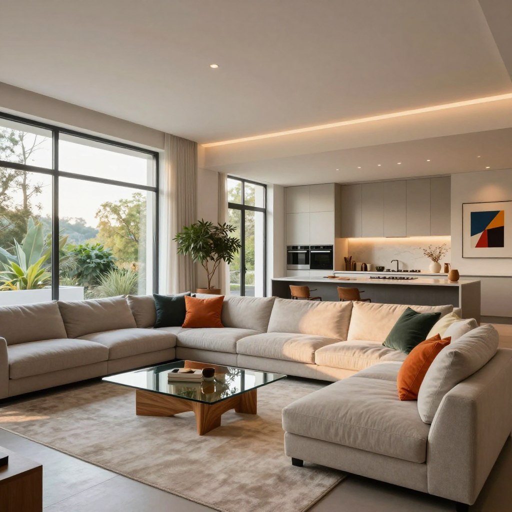 A modern open concept living room with a spacious layout, characterized by large floor-to-ceiling windows that flood the room with natural light. The foreground features a plush, contemporary sectional sofa in soft neutral tones, accented with vibrant throw pillows. A sleek coffee table made of glass and wood is set in front of the sofa. In the middle, an inviting area rug defines the seating space, while stylish decor elements, like potted plants and modern art on the walls, enhance the ambiance. The background showcases an open kitchen area with minimalist cabinetry and high-end appliances. The lighting is warm and welcoming, creating a cozy yet sophisticated atmosphere. Capture the scene from a wide-angle perspective to emphasize the spaciousness and fluidity of the design.