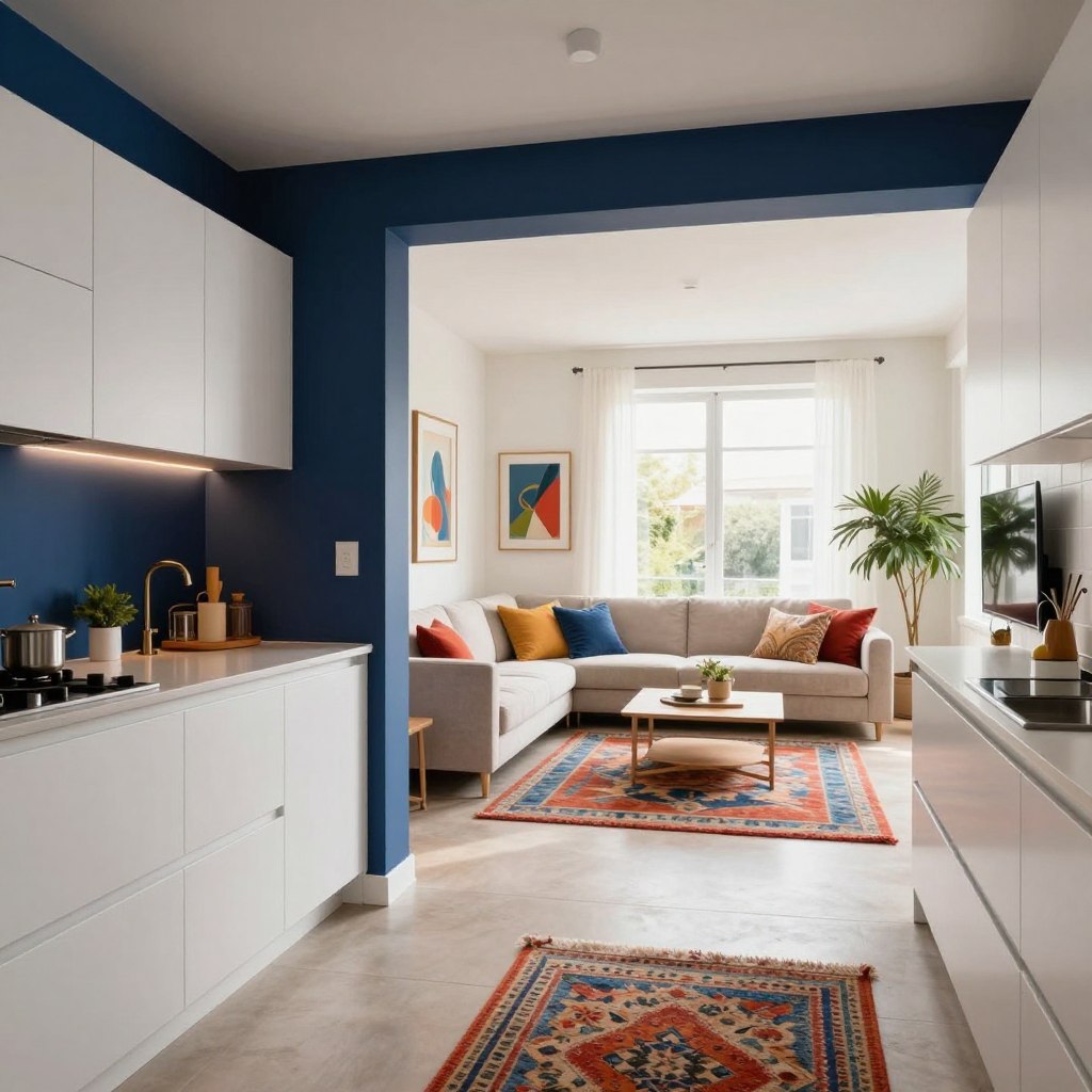 A modern open-plan living space seamlessly integrates a stylish kitchen and cozy living area, showcasing effective color zoning. In the foreground, a sophisticated kitchen features sleek, matte white cabinets with a bold navy blue accent wall. The middle ground reveals a warm living area adorned with a soft, neutral-toned sofa and colorful throw pillows, artfully separated by vibrant area rugs that define each zone. The background shows large, floor-to-ceiling windows letting in natural light, enhancing the inviting atmosphere. Soft, ambient lighting creates a cozy yet modern vibe, while plants add a touch of freshness. Capture this scene from a slightly angled perspective to highlight the harmonious flow of colors and space, creating a sense of tranquility and style throughout the design. A modern open-plan living space seamlessly integrates a stylish kitchen and cozy living area, showcasing effective color zoning. In the foreground, a sophisticated kitchen features sleek, matte white cabinets with a bold navy blue accent wall. The middle ground reveals a warm living area adorned with a soft, neutral-toned sofa and colorful throw pillows, artfully separated by vibrant area rugs that define each zone. The background shows large, floor-to-ceiling windows letting in natural light, enhancing the inviting atmosphere. Soft, ambient lighting creates a cozy yet modern vibe, while plants add a touch of freshness. Capture this scene from a slightly angled perspective to highlight the harmonious flow of colors and space, creating a sense of tranquility and style throughout the design.