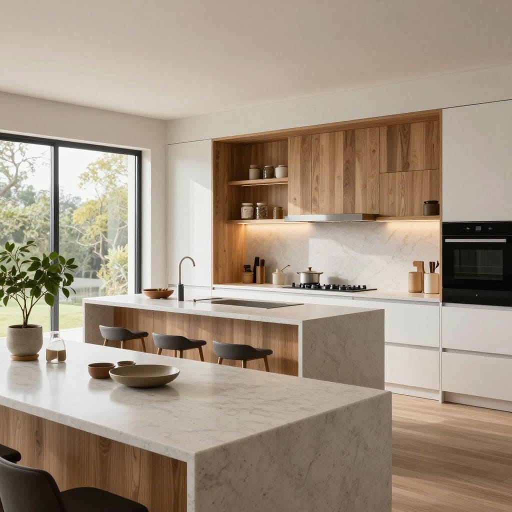 A modern organic kitchen design featuring a seamless blend of white oak cabinetry and sleek black accents. The foreground showcases a spacious quartz countertop with elegant kitchenware and a small potted plant for a touch of greenery. In the middle, the kitchen island serves as a focal point, with minimalist bar stools and accent lighting above that casts a warm glow. The background includes large windows allowing natural light to flood the space, highlighting the rich wood textures and open shelving displaying artisanal jars. The overall atmosphere is serene and inviting, evoking a sense of harmony with nature. Capture the scene from a slightly elevated angle to emphasize depth and the spacious layout, ensuring a clear focus on the organic aesthetic and modern elements without any distractions in the image.