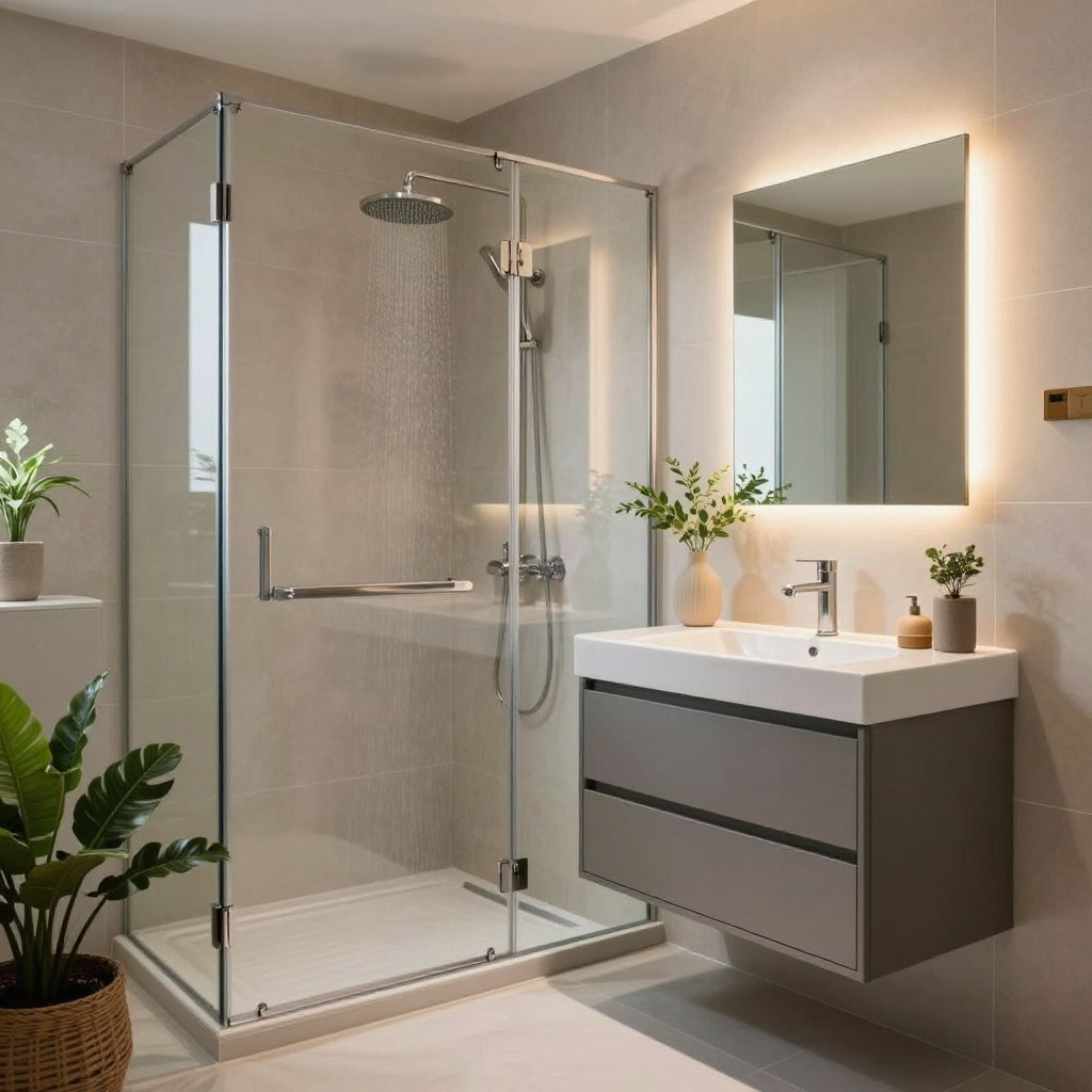 A modern small bathroom showcasing clever remodeling tips. In the foreground, include a sleek, compact vanity with stylish storage solutions, along with decorative plants for a touch of greenery. The middle ground features a glass shower enclosure with an elegant rainfall showerhead and neutral tiles that create a sense of space. In the background, a well-lit mirror reflects warm ambient lighting, enhancing the inviting atmosphere. Use soft, natural light to highlight the textures and colors throughout the space, emphasizing a clean and contemporary design. The mood is serene and organized, showcasing the beauty of smart design in limited square footage, ideal for inspiring small bathroom remodel ideas. A modern small bathroom showcasing clever remodeling tips. In the foreground, include a sleek, compact vanity with stylish storage solutions, along with decorative plants for a touch of greenery. The middle ground features a glass shower enclosure with an elegant rainfall showerhead and neutral tiles that create a sense of space. In the background, a well-lit mirror reflects warm ambient lighting, enhancing the inviting atmosphere. Use soft, natural light to highlight the textures and colors throughout the space, emphasizing a clean and contemporary design. The mood is serene and organized, showcasing the beauty of smart design in limited square footage, ideal for inspiring small bathroom remodel ideas.