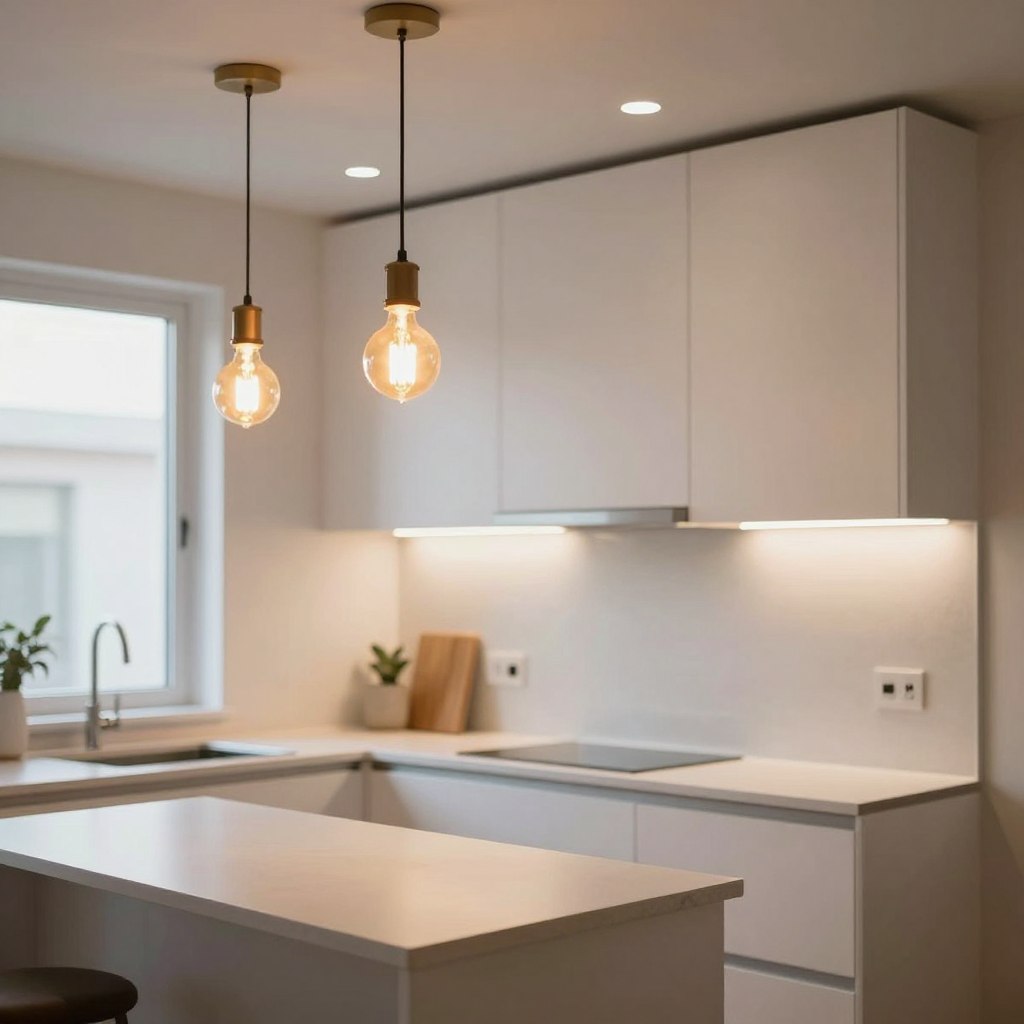 A modern small kitchen remodeled for space efficiency, showcasing layered lighting solutions. In the foreground, pendant lights with warm-toned Edison bulbs hang above a compact kitchen island, casting a soft glow. The middle section features recessed ceiling lights on a dimmer switch, illuminating sleek countertops and white cabinetry, while under-cabinet LED strips highlight the backsplash with a cool tone. The background displays a large window allowing natural light to pour in, enhancing the airy feel. Use a bright, inviting color palette with subtle shadows to create an inviting atmosphere. Capture this scene from a slightly elevated angle, focusing on the interplay of light and shadows, emphasizing the kitchen's cozy yet modern ambiance.