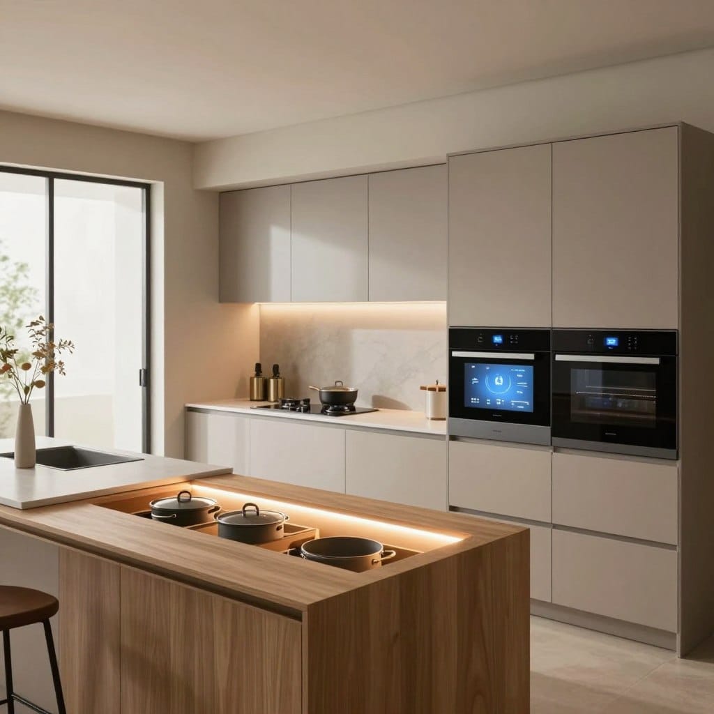 A modern smart kitchen showcasing innovative storage solutions, featuring sleek, high-tech cabinetry integrated with smart technology. In the foreground, a minimalist wooden kitchen island with hidden compartments for pots and pans, and smart LED lighting illuminating the workspace. The middle ground displays elegant cabinets with touch-screen interfaces and automated opening mechanisms, alongside a stylish backsplash. In the background, large windows allow natural light to flood the space, highlighting the harmonious blend of functionality and aesthetics. The mood is contemporary and inviting, with soft, warm tones creating a welcoming atmosphere. The scene is shot from a slightly elevated angle to capture the layout and technology seamlessly, emphasizing the concept of redefined home spaces.