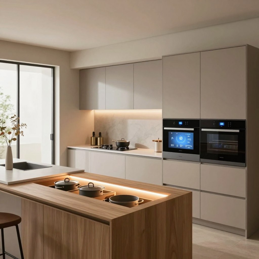 A modern smart kitchen showcasing innovative storage solutions, featuring sleek, high-tech cabinetry integrated with smart technology. In the foreground, a minimalist wooden kitchen island with hidden compartments for pots and pans, and smart LED lighting illuminating the workspace. The middle ground displays elegant cabinets with touch-screen interfaces and automated opening mechanisms, alongside a stylish backsplash. In the background, large windows allow natural light to flood the space, highlighting the harmonious blend of functionality and aesthetics. The mood is contemporary and inviting, with soft, warm tones creating a welcoming atmosphere. The scene is shot from a slightly elevated angle to capture the layout and technology seamlessly, emphasizing the concept of redefined home spaces. A modern smart kitchen showcasing innovative storage solutions, featuring sleek, high-tech cabinetry integrated with smart technology. In the foreground, a minimalist wooden kitchen island with hidden compartments for pots and pans, and smart LED lighting illuminating the workspace. The middle ground displays elegant cabinets with touch-screen interfaces and automated opening mechanisms, alongside a stylish backsplash. In the background, large windows allow natural light to flood the space, highlighting the harmonious blend of functionality and aesthetics. The mood is contemporary and inviting, with soft, warm tones creating a welcoming atmosphere. The scene is shot from a slightly elevated angle to capture the layout and technology seamlessly, emphasizing the concept of redefined home spaces.