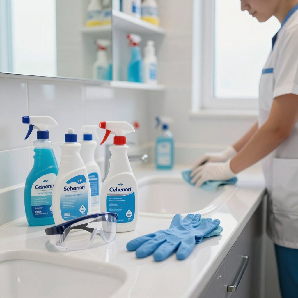 A modern, sparkling clean bathroom is depicted in the foreground, showcasing a variety of medical-grade cleaning supplies neatly arranged on a countertop. A pair of safety goggles and rubber gloves lay prominently on the surface, emphasizing safety precautions. A person wearing modest, professional clothing is seen in mid-action, diligently wiping down surfaces with a cloth, their focused expression conveying determination. In the middle ground, clean, reflective tiles and a pristine sink are visible, emphasizing hygiene and cleanliness. The background features a well-organized bathroom cabinet filled with additional cleaning supplies. Bright, natural lighting filters in through a frosted window, casting a fresh, inviting atmosphere. The overall mood is one of professionalism and safety, highlighting the importance of taking precautions during deep cleaning. A modern, sparkling clean bathroom is depicted in the foreground, showcasing a variety of medical-grade cleaning supplies neatly arranged on a countertop. A pair of safety goggles and rubber gloves lay prominently on the surface, emphasizing safety precautions. A person wearing modest, professional clothing is seen in mid-action, diligently wiping down surfaces with a cloth, their focused expression conveying determination. In the middle ground, clean, reflective tiles and a pristine sink are visible, emphasizing hygiene and cleanliness. The background features a well-organized bathroom cabinet filled with additional cleaning supplies. Bright, natural lighting filters in through a frosted window, casting a fresh, inviting atmosphere. The overall mood is one of professionalism and safety, highlighting the importance of taking precautions during deep cleaning.