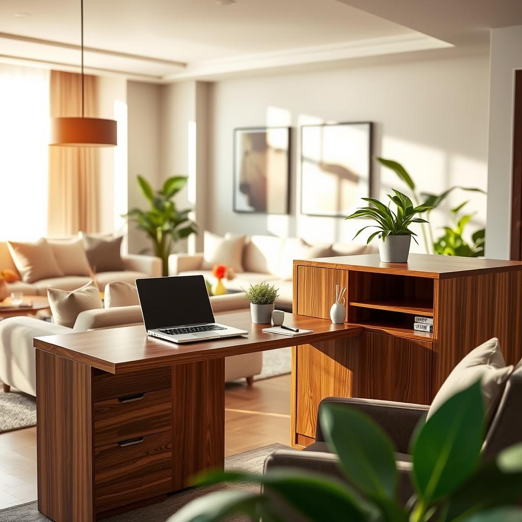 A modern, stylish hidden workspace seamlessly integrated into a cozy living room setting. In the foreground, there’s a cleverly disguised desk that blends with elegant furniture, featuring rich wood tones and minimalist design elements. The desk is partially open, revealing a sleek laptop, stylish stationery, and a potted plant for a touch of nature. In the middle ground, a comfortable seating area with plush cushions and a coffee table enhances the atmosphere. Warm, natural light streams in from a large window, casting gentle shadows and creating an inviting environment. In the background, tasteful wall art and greenery add depth, suggesting an atmosphere of productivity and relaxation. Capture this scene from a slightly elevated angle to highlight the functionality and aesthetic integration of the hidden office solution. A modern, stylish hidden workspace seamlessly integrated into a cozy living room setting. In the foreground, there’s a cleverly disguised desk that blends with elegant furniture, featuring rich wood tones and minimalist design elements. The desk is partially open, revealing a sleek laptop, stylish stationery, and a potted plant for a touch of nature. In the middle ground, a comfortable seating area with plush cushions and a coffee table enhances the atmosphere. Warm, natural light streams in from a large window, casting gentle shadows and creating an inviting environment. In the background, tasteful wall art and greenery add depth, suggesting an atmosphere of productivity and relaxation. Capture this scene from a slightly elevated angle to highlight the functionality and aesthetic integration of the hidden office solution.