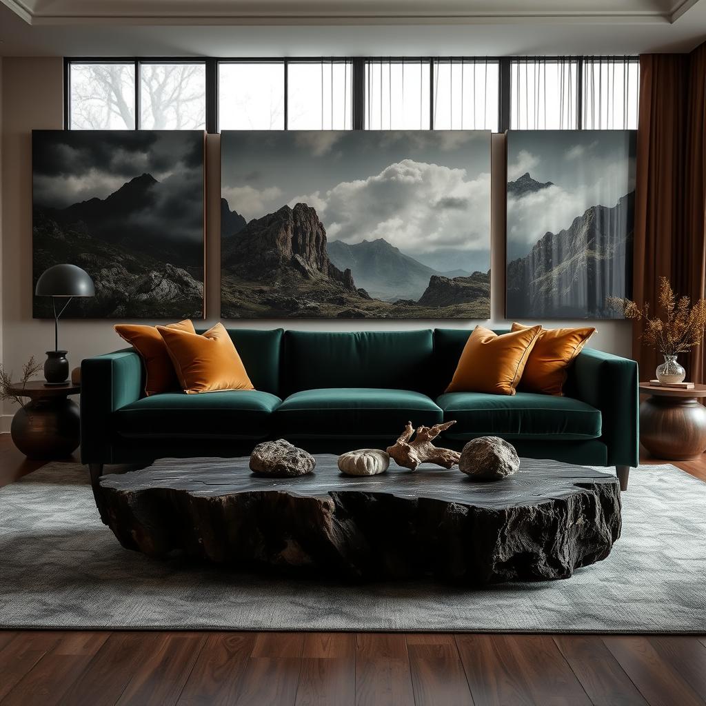 A moody and dramatic living room setting featuring striking natural elements. In the foreground, a large, rugged piece of dark wood serves as a coffee table, adorned with earthy decorative items like polished stones and driftwood. In the middle, a plush velvet sofa in deep emerald green invites comfort, complemented by rich, golden throw pillows. The walls are adorned with a tapestry of oversized nature-inspired artwork, depicting stormy skies and rugged landscapes. In the background, large windows framed by sheer, flowing curtains allow soft, diffused light to enter, casting intriguing shadows across the room. The atmosphere is one of elegance and tranquility, with a subtle interplay of warm and cool tones, enhancing the sense of depth and drama in this inviting space. A moody and dramatic living room setting featuring striking natural elements. In the foreground, a large, rugged piece of dark wood serves as a coffee table, adorned with earthy decorative items like polished stones and driftwood. In the middle, a plush velvet sofa in deep emerald green invites comfort, complemented by rich, golden throw pillows. The walls are adorned with a tapestry of oversized nature-inspired artwork, depicting stormy skies and rugged landscapes. In the background, large windows framed by sheer, flowing curtains allow soft, diffused light to enter, casting intriguing shadows across the room. The atmosphere is one of elegance and tranquility, with a subtle interplay of warm and cool tones, enhancing the sense of depth and drama in this inviting space.