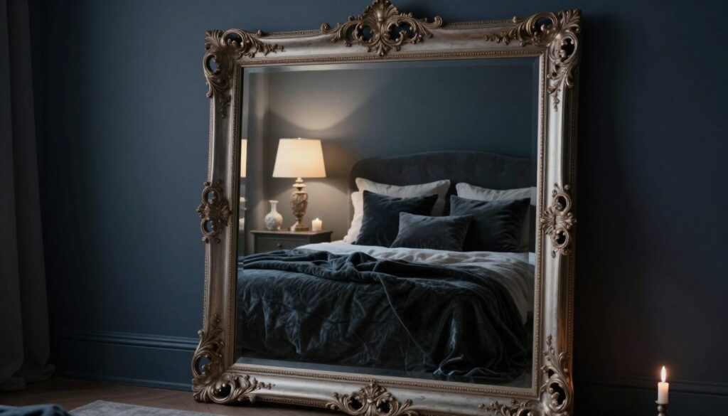A moody bedroom featuring an ornate framed mirror as the focal point. In the foreground, the mirror is intricately designed with vintage detailing, reflecting soft, ambient light from a nearby lamp. The middle layer showcases a plush, dark-hued bed adorned with rich textiles like velvet pillows and a thick throw blanket, creating a cozy yet sophisticated feel. The background includes deep, shadowy walls, complemented by soft lighting that enhances the room's intimate ambiance. A small bedside table with a delicate vase and a candle adds warmth to the scene. The overall atmosphere is serene and sophisticated, with a color palette dominated by deep blues and muted grays, evoking a sense of tranquility. Use a warm light source to create gentle shadows and depth. A moody bedroom featuring an ornate framed mirror as the focal point. In the foreground, the mirror is intricately designed with vintage detailing, reflecting soft, ambient light from a nearby lamp. The middle layer showcases a plush, dark-hued bed adorned with rich textiles like velvet pillows and a thick throw blanket, creating a cozy yet sophisticated feel. The background includes deep, shadowy walls, complemented by soft lighting that enhances the room's intimate ambiance. A small bedside table with a delicate vase and a candle adds warmth to the scene. The overall atmosphere is serene and sophisticated, with a color palette dominated by deep blues and muted grays, evoking a sense of tranquility. Use a warm light source to create gentle shadows and depth.